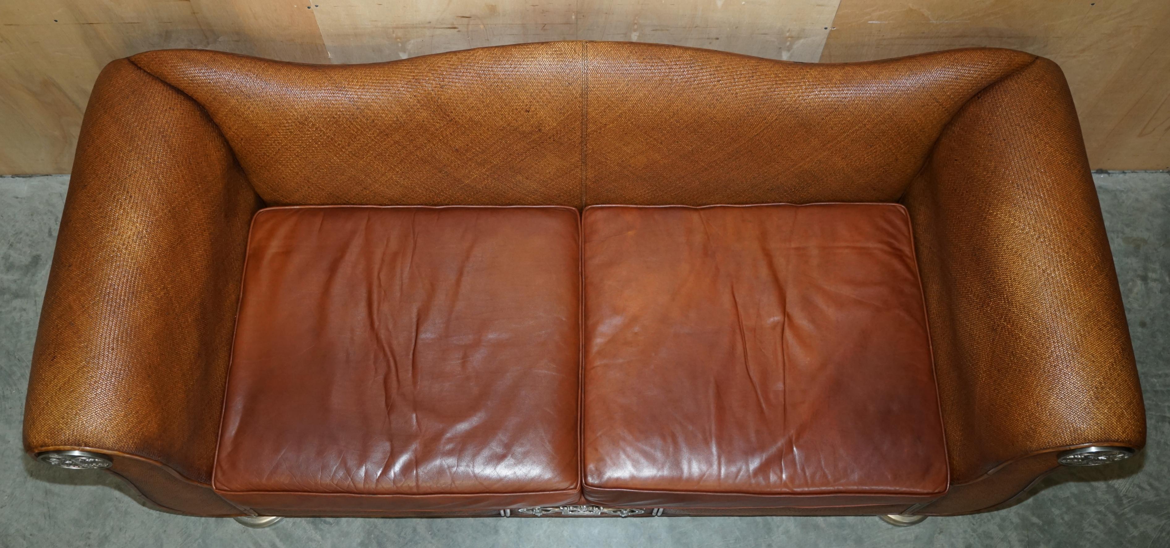 RARE PAIR OF THOMASVILLE SAFARI BROWN LEATHER WOVEN SOFAS PART OF LARGE SUITe For Sale 6