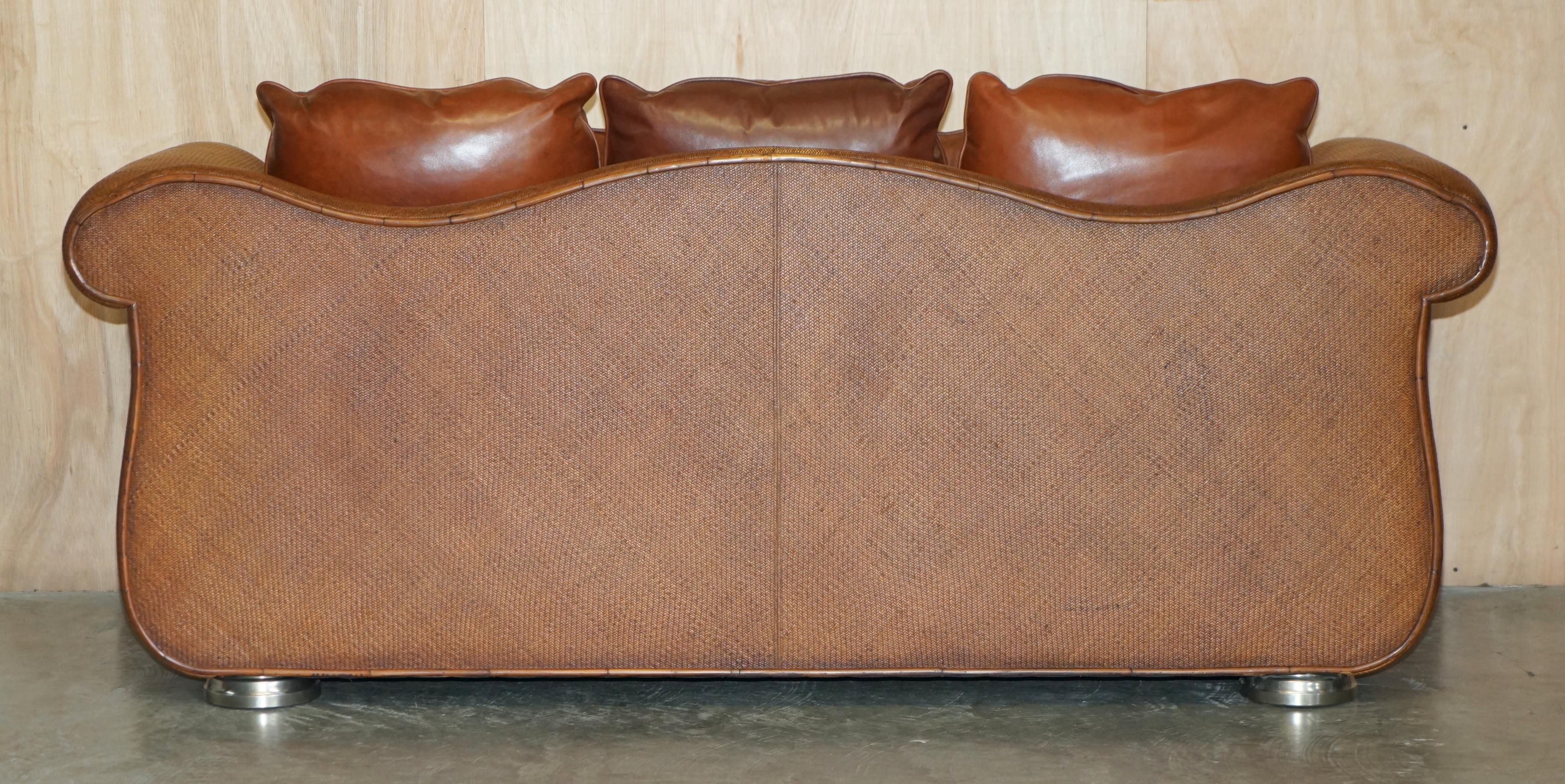 RARE PAIR OF THOMASVILLE SAFARI BROWN LEATHER WOVEN SOFAS PART OF LARGE SUITe For Sale 9