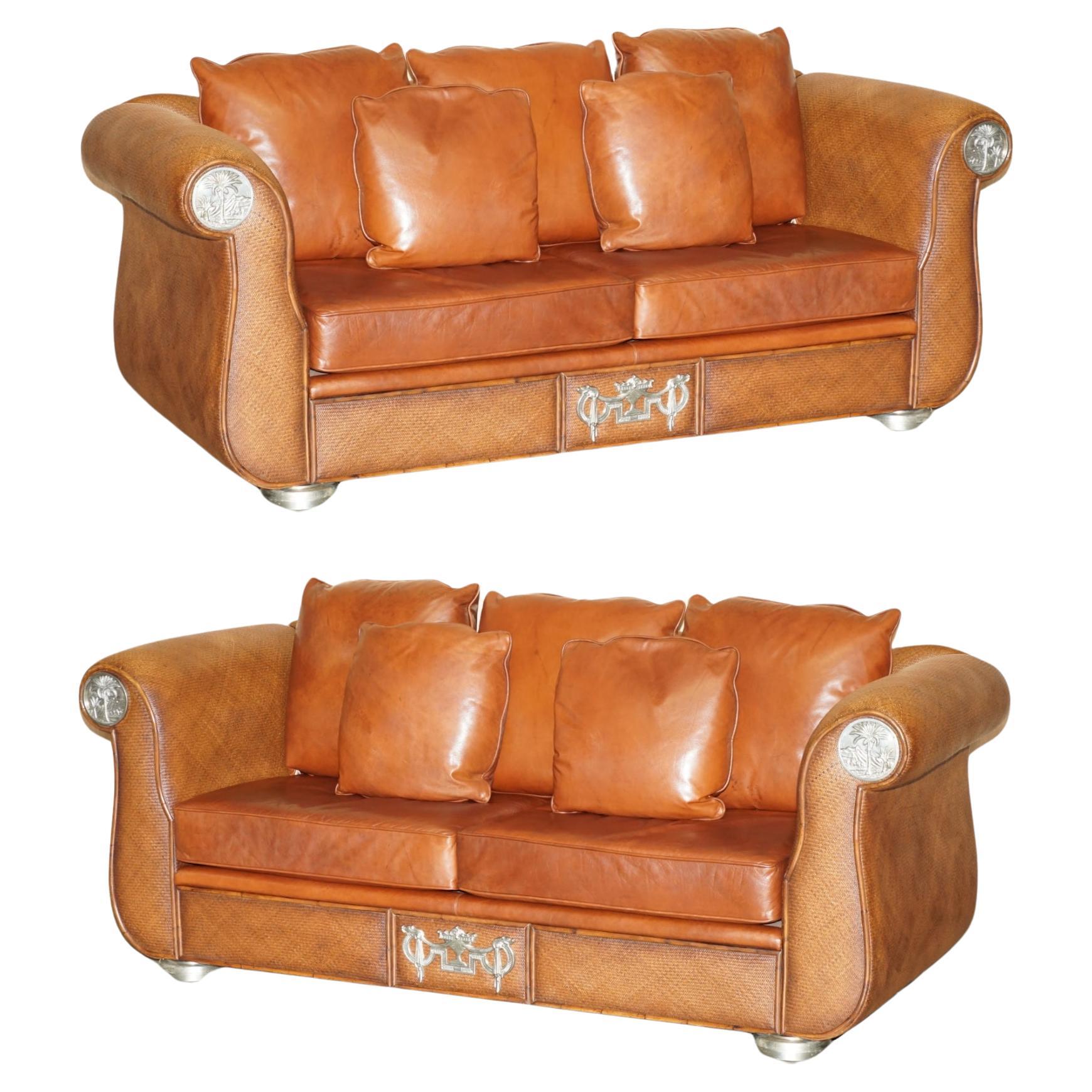 RARE PAIR OF THOMASVILLE SAFARI BROWN LEATHER WOVEN SOFAS PART OF LARGE SUITe For Sale
