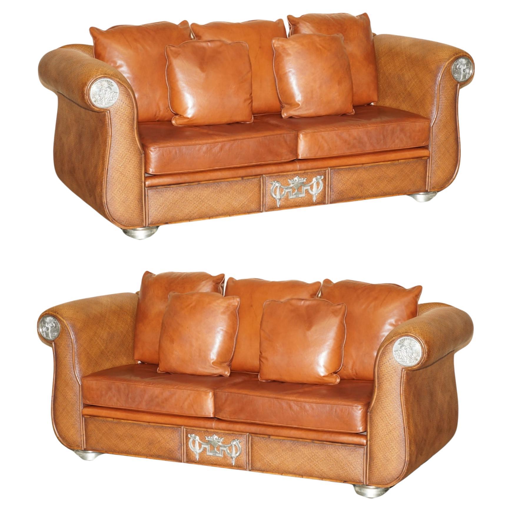 RARE PAIR OF THOMASVILLE SAFARI BROWN LEATHER WOVEN SOFAS PART OF LARGE SUITe