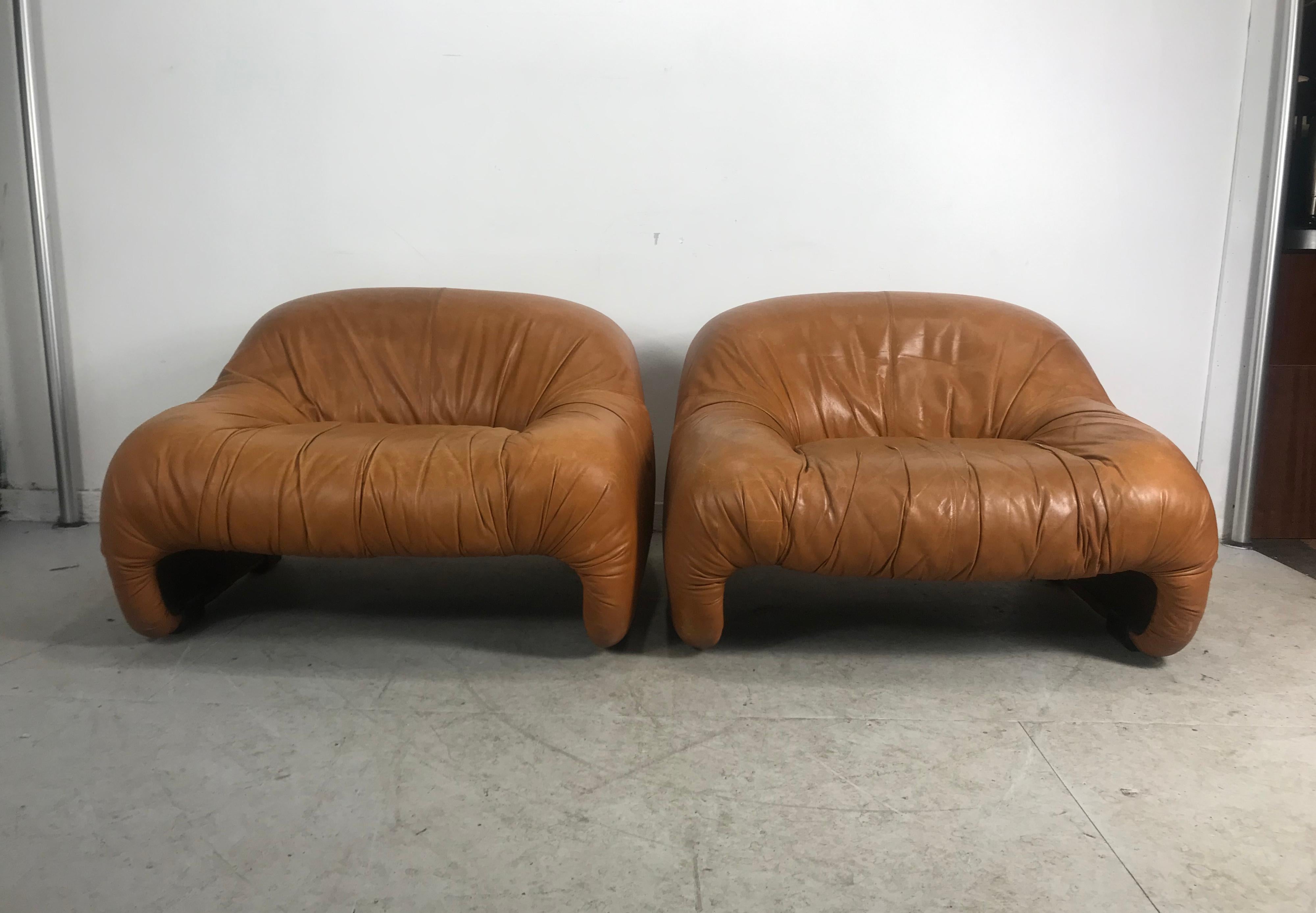 Extremely rare Bonanza' chairs designed by Tobia Scarpa in a collaboration with B&B Italia in 1969, Italy Amazing original condition. Age appropriate wear, stunning cognac leather. Incredibly comfortable. Hand delivery avail to New York City or