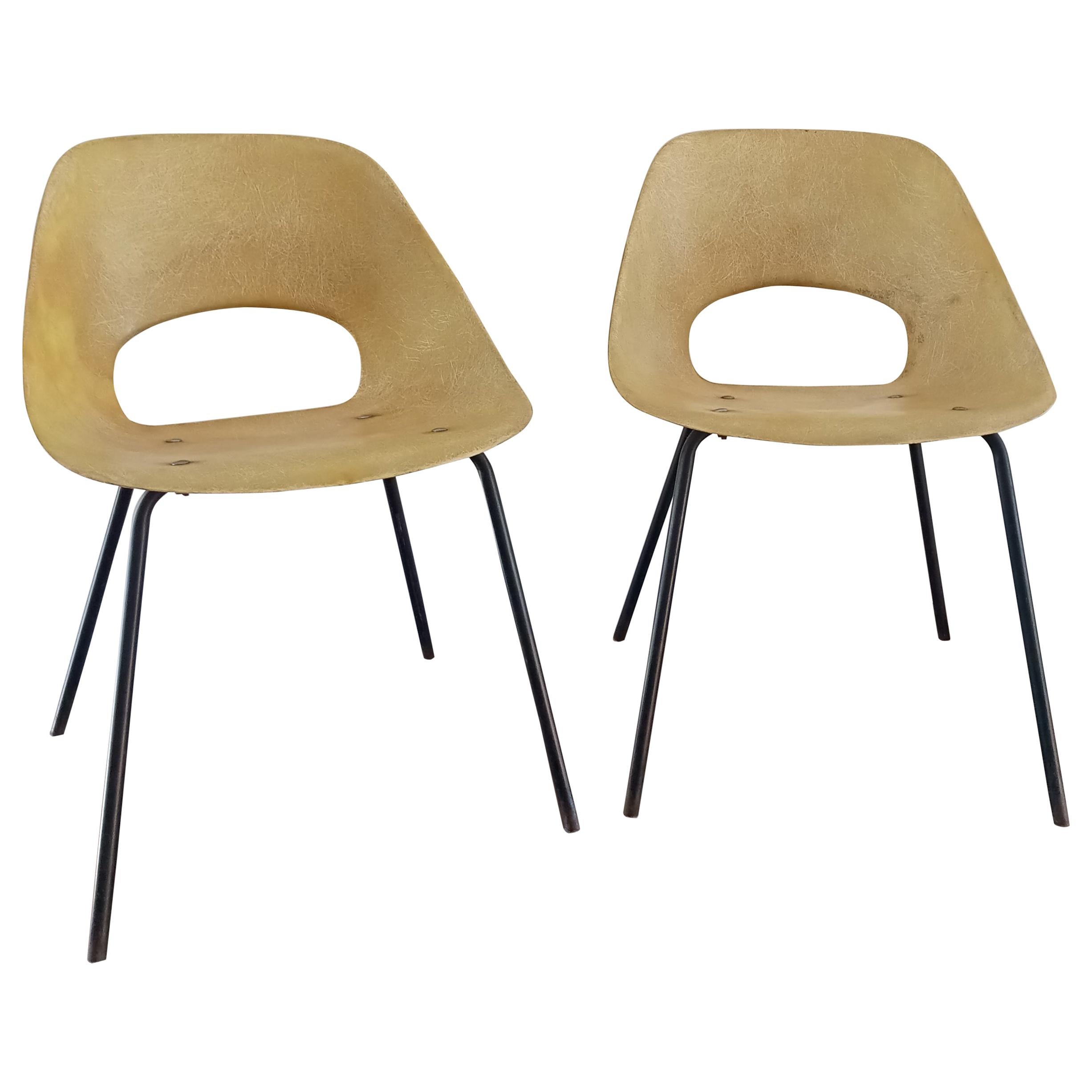 Rare Pair of "Tonneau" Fiberglass Chairs by Pierre Guariche, France, 1960s