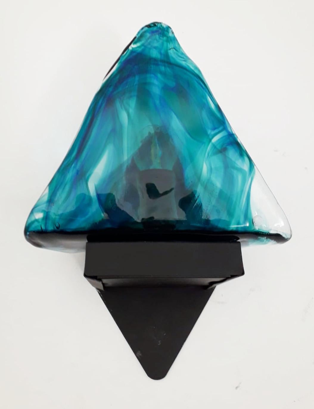 Rare unusual vintage Italian wall lights with blue triangular hand blown Murano glass shades mounted on black triangular frames, designed by La Murrina / made in Italy circa 1970s
