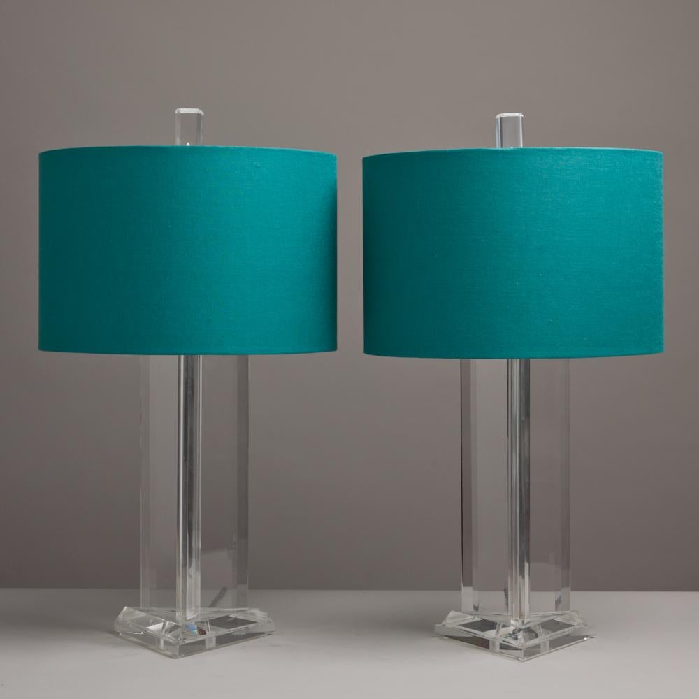 A rare pair of triangular shaped Lucite table lamps, 1970s
