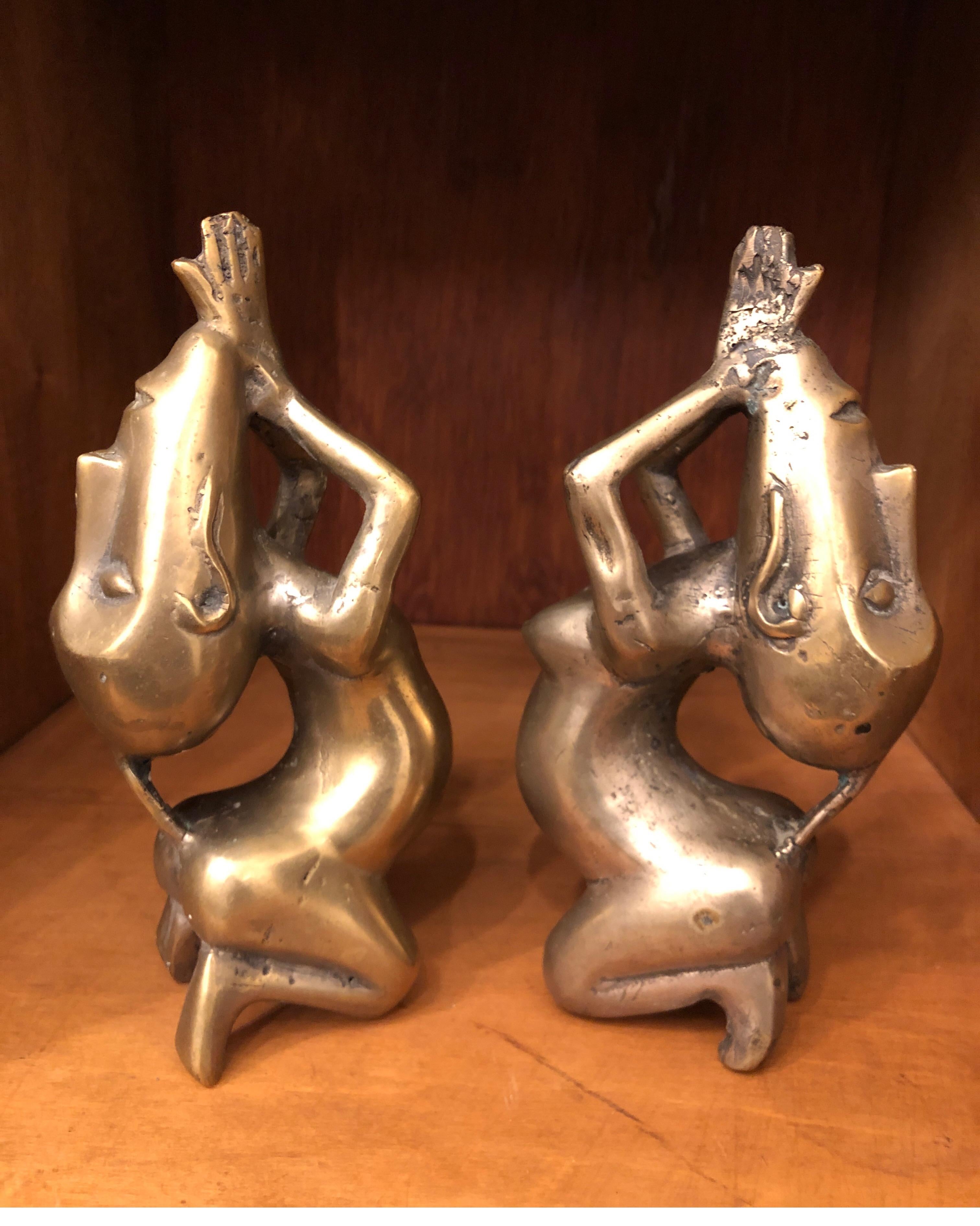 African Rare Pair of Brass Dogon Nude Couple Kneeling/Fertility