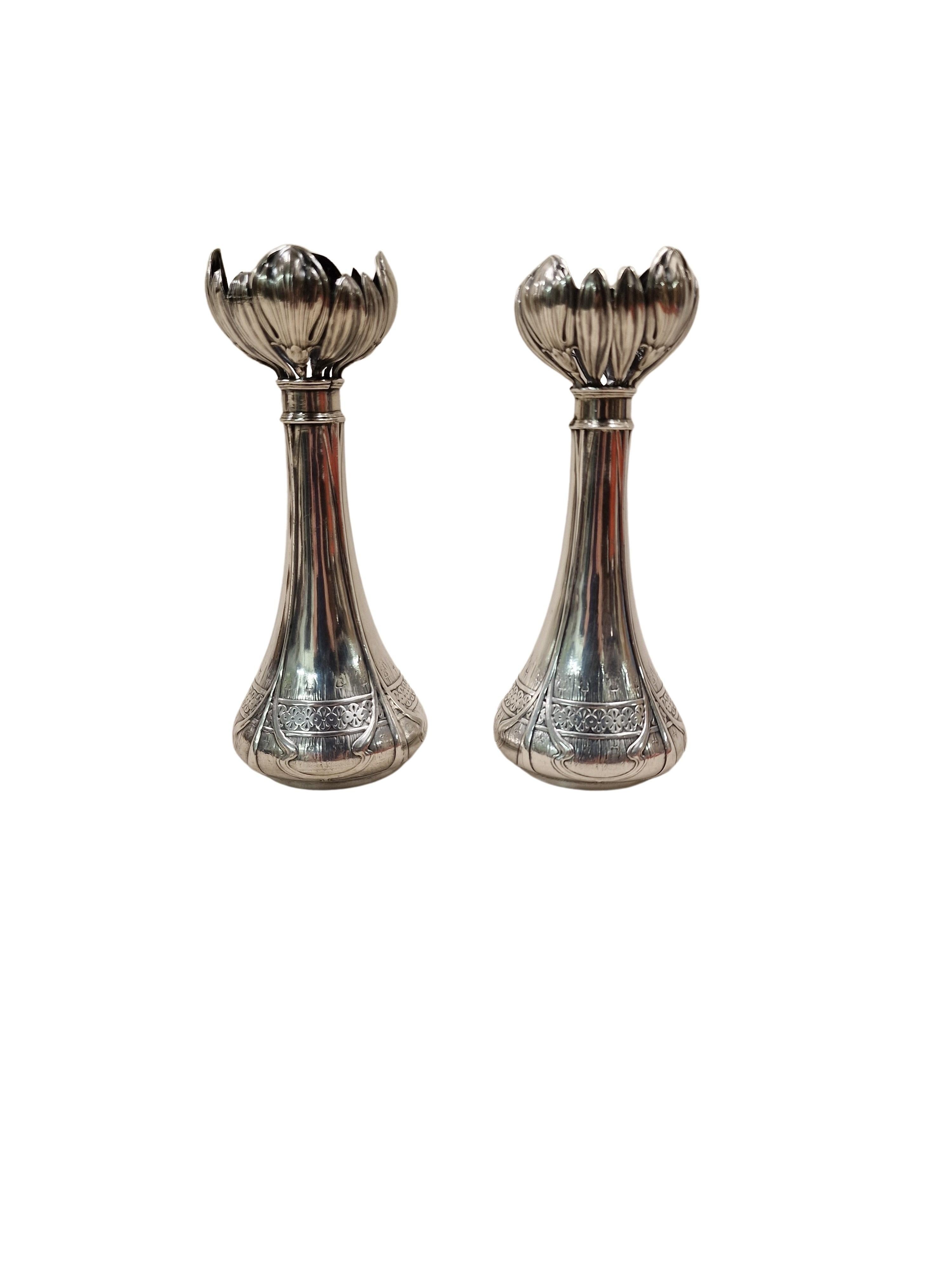 Rare pair of two flower Vases, metal silvered, Broggi Milan, Art Nouveau, Italy 3