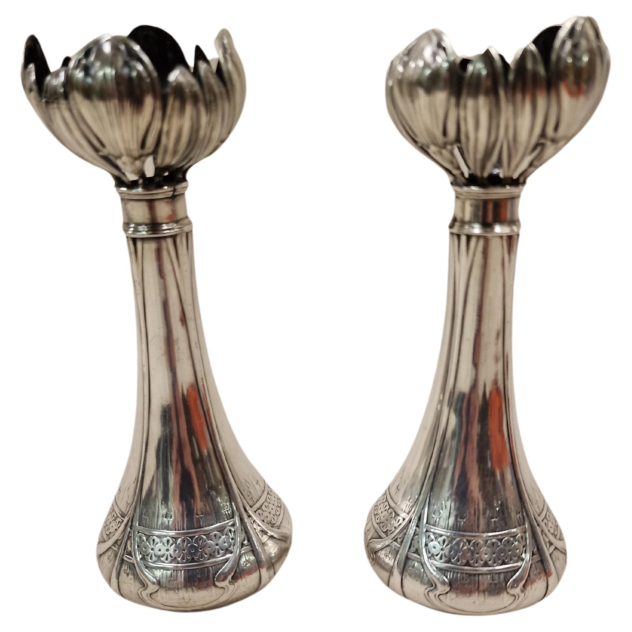 Extremly rare pair of flower vases of a wellknown traditional business, Broggi Milan, Italy, originals from the art nouveau period, made around 1900.

The vases have a round basic shape, which is bulbous at the bottom and tapers towards the top and
