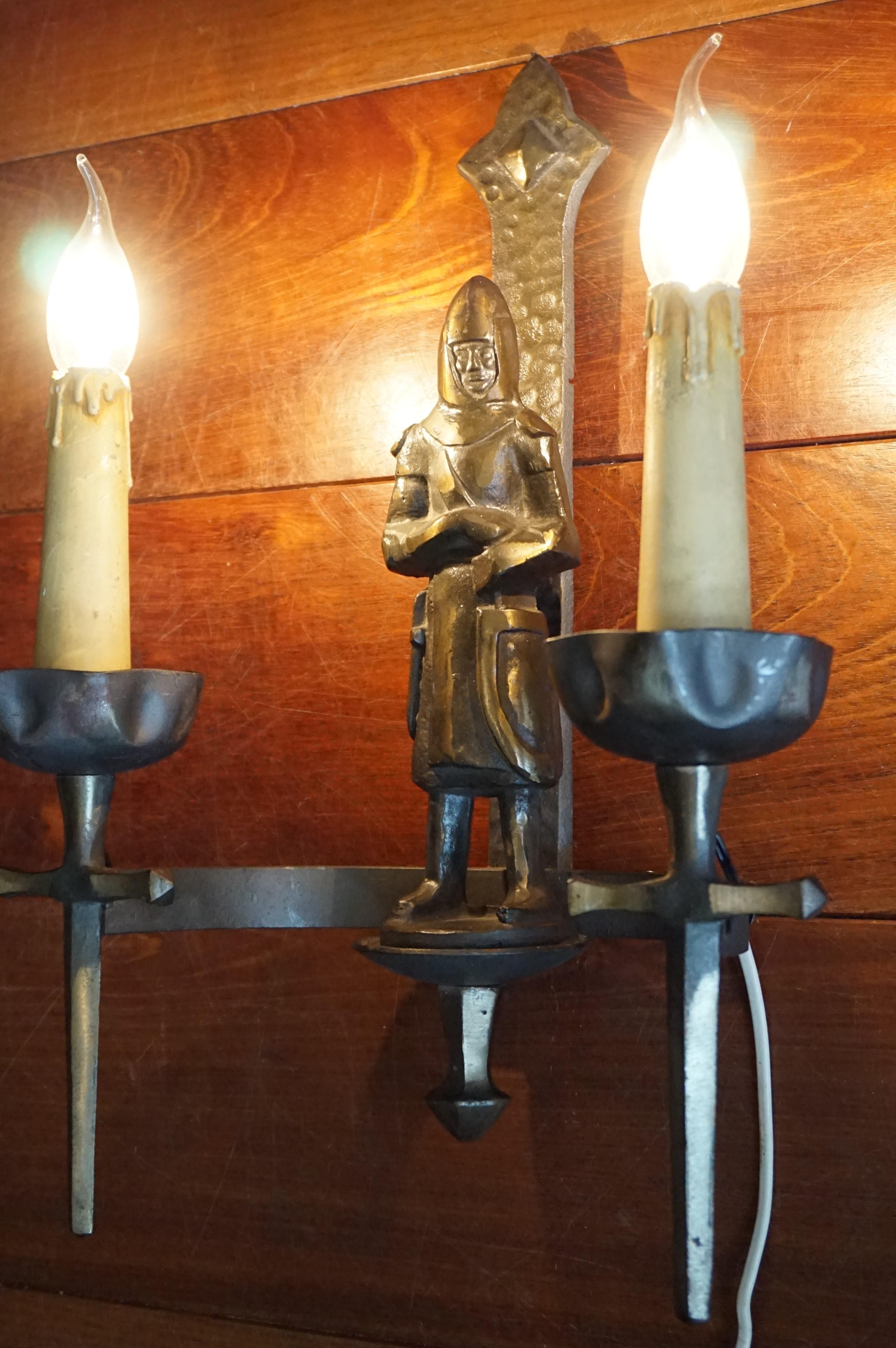 Rare Pair of Two-Light Gothic Revival Bronzed Knight with Swords Wall Sconces 4