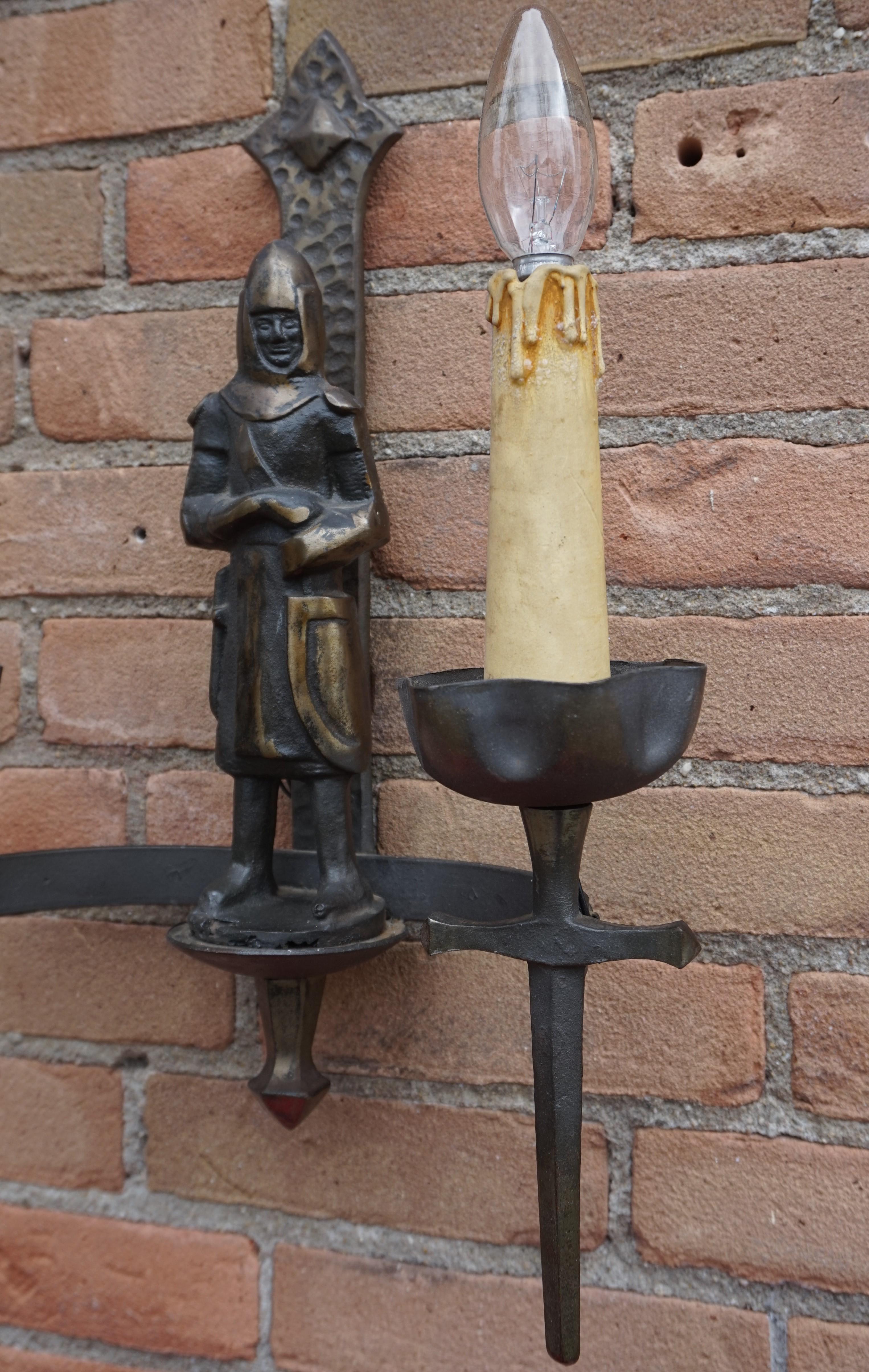 Rare Pair of Two-Light Gothic Revival Bronzed Knight with Swords Wall Sconces 5