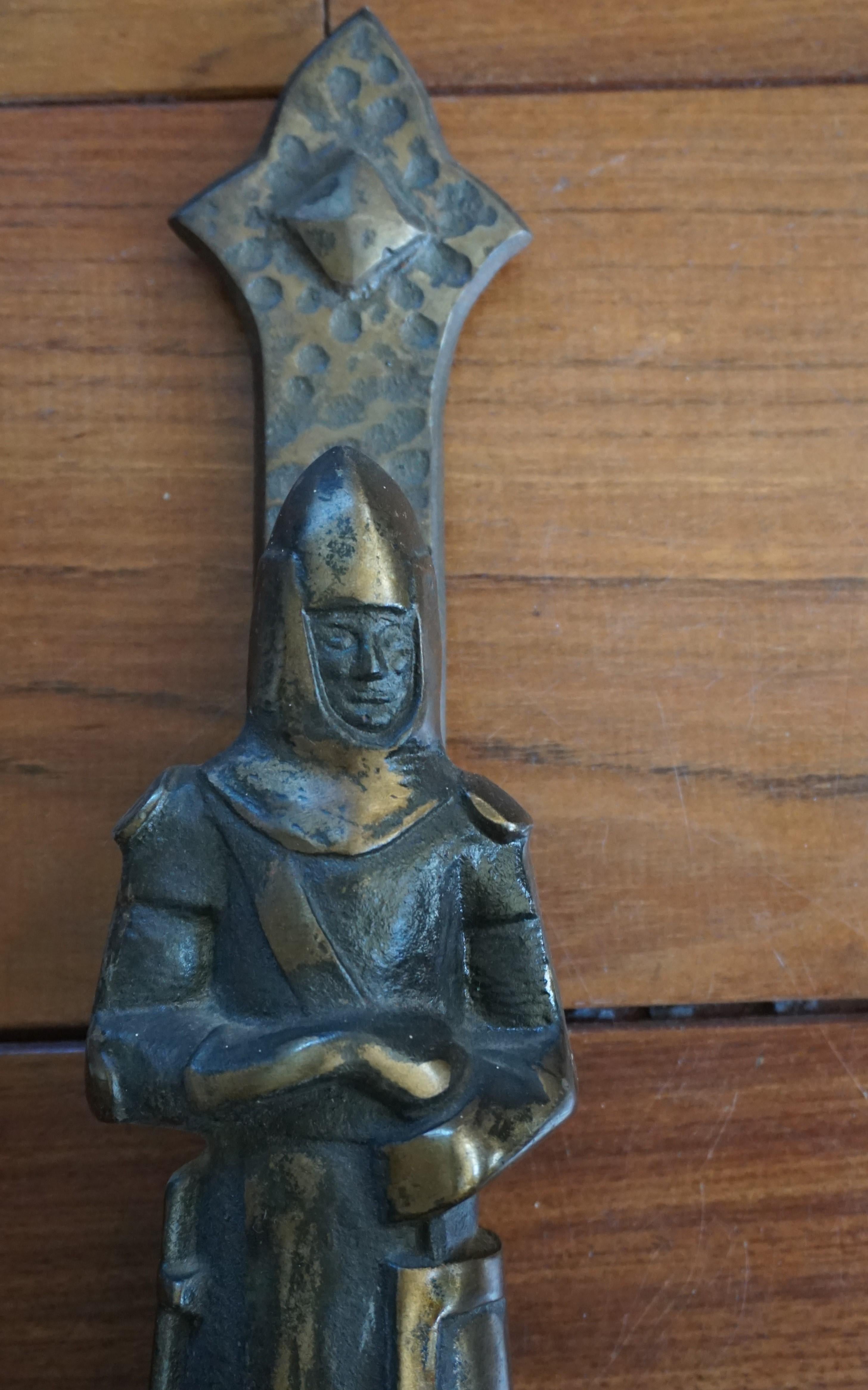 Rare Pair of Two-Light Gothic Revival Bronzed Knight with Swords Wall Sconces 6