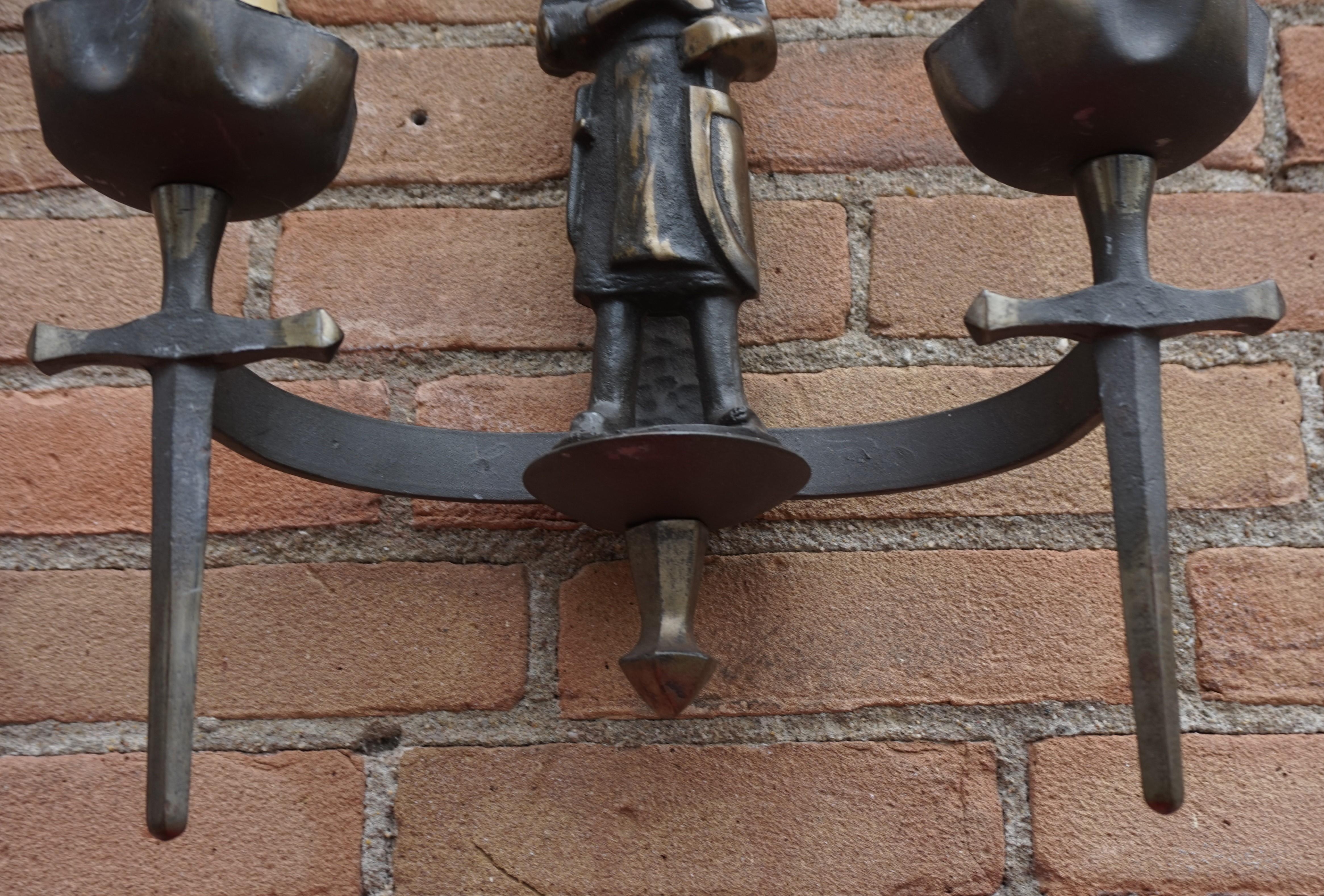 Rare Pair of Two-Light Gothic Revival Bronzed Knight with Swords Wall Sconces 8