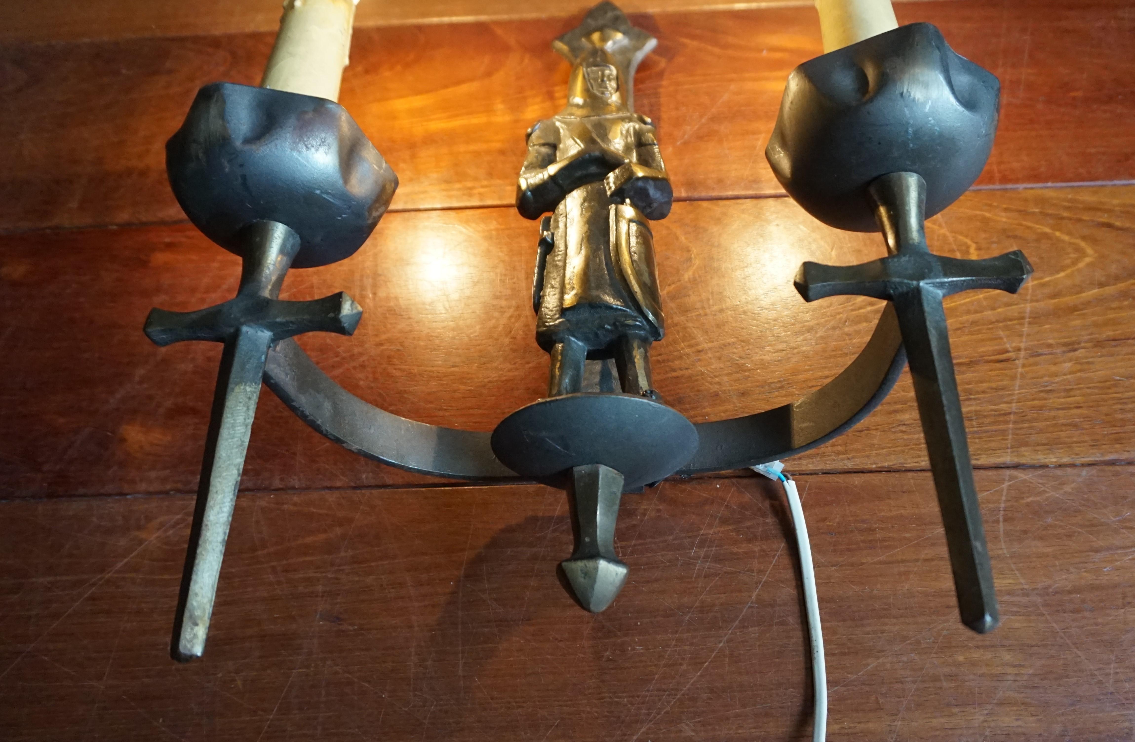 Rare Pair of Two-Light Gothic Revival Bronzed Knight with Swords Wall Sconces 9