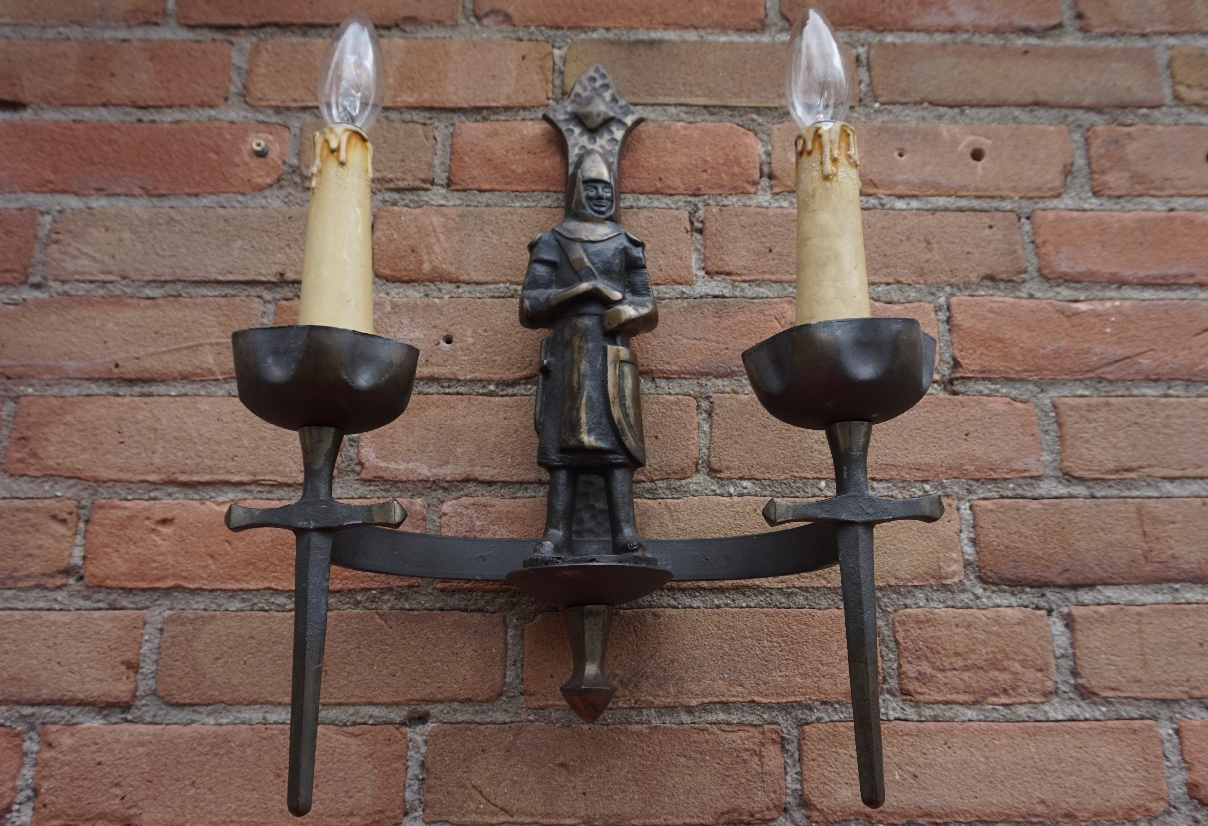 Rare Pair of Two-Light Gothic Revival Bronzed Knight with Swords Wall Sconces 10