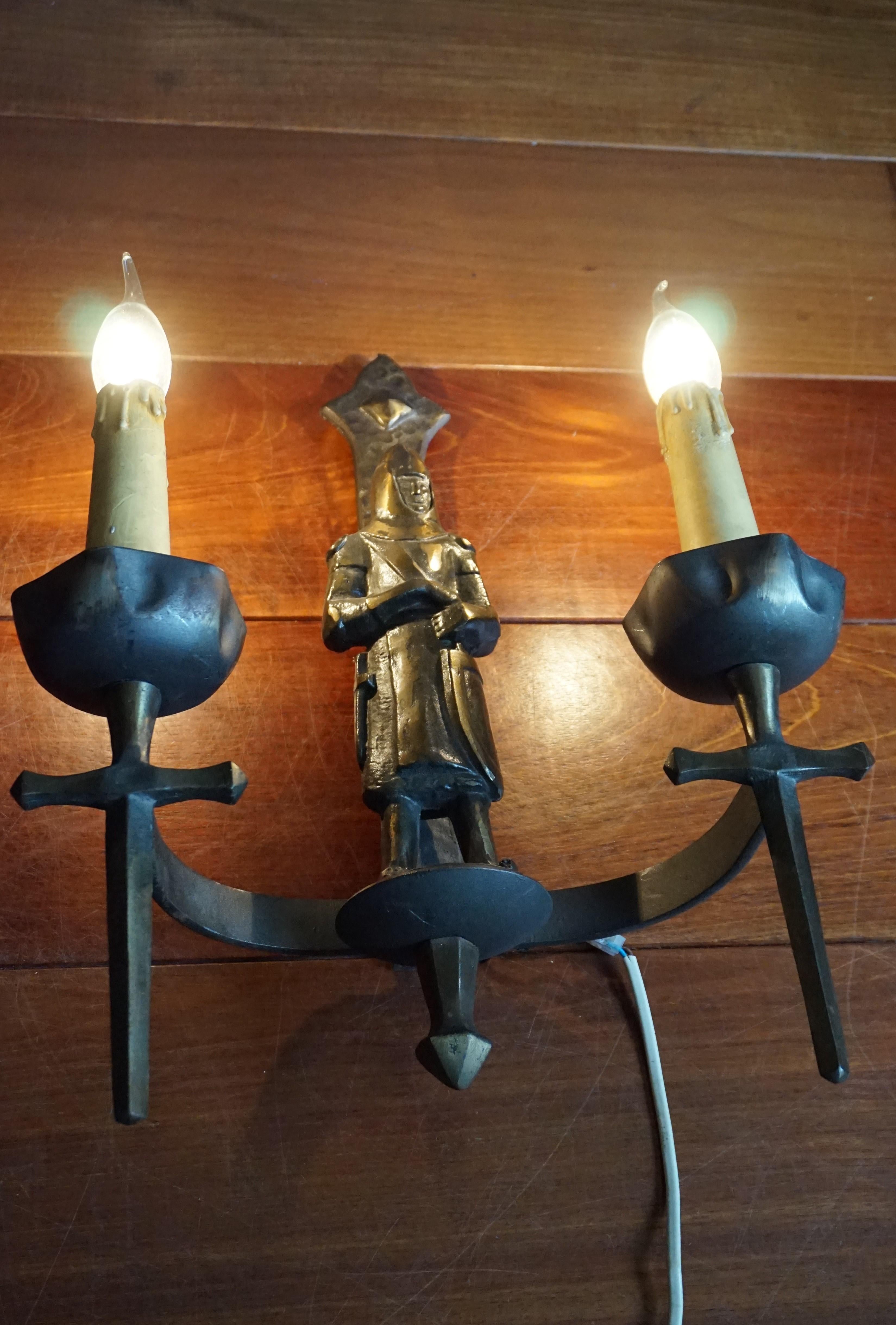 Rare Pair of Two-Light Gothic Revival Bronzed Knight with Swords Wall Sconces 11