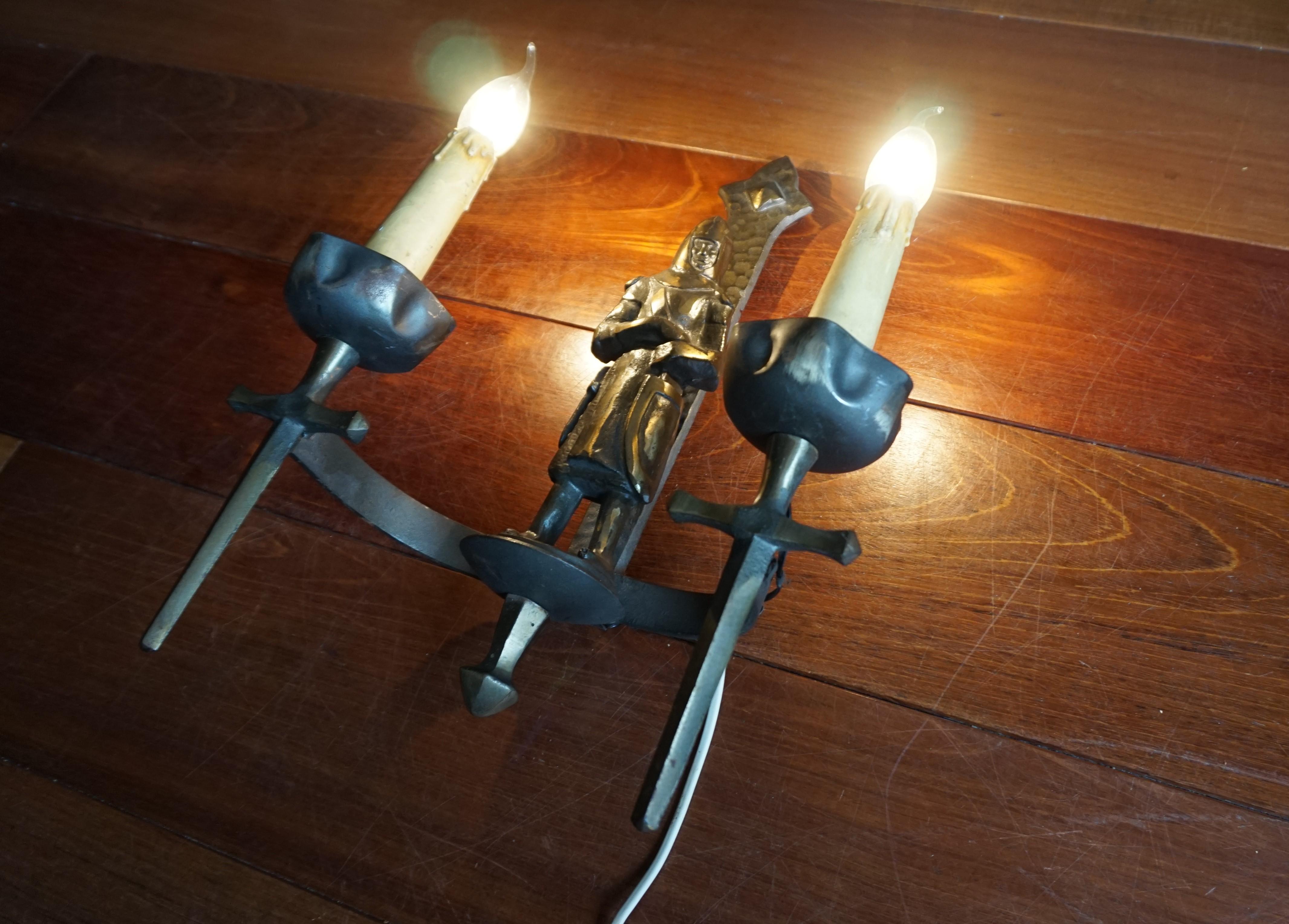 Rare Pair of Two-Light Gothic Revival Bronzed Knight with Swords Wall Sconces 14