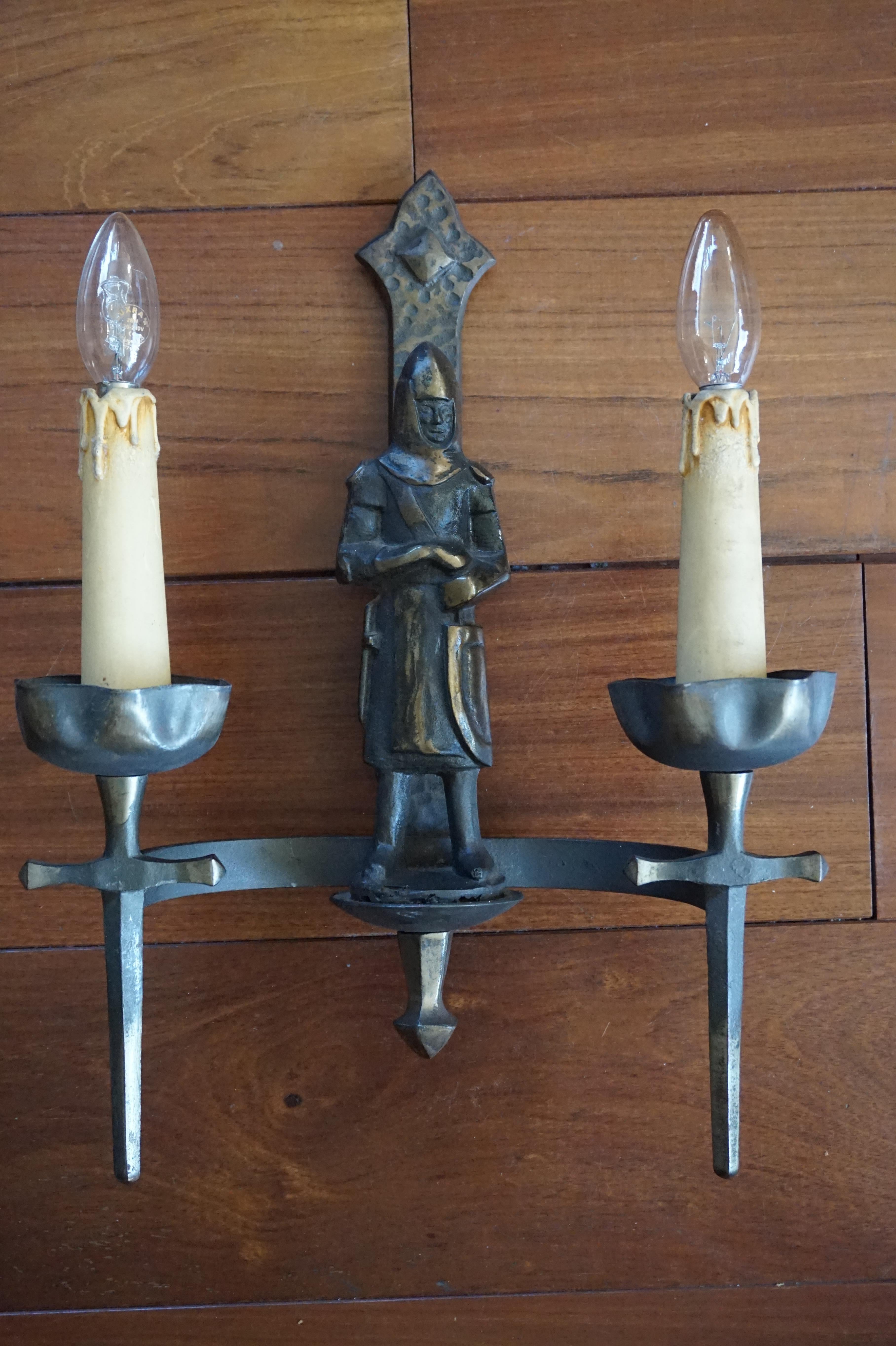 European Rare Pair of Two-Light Gothic Revival Bronzed Knight with Swords Wall Sconces
