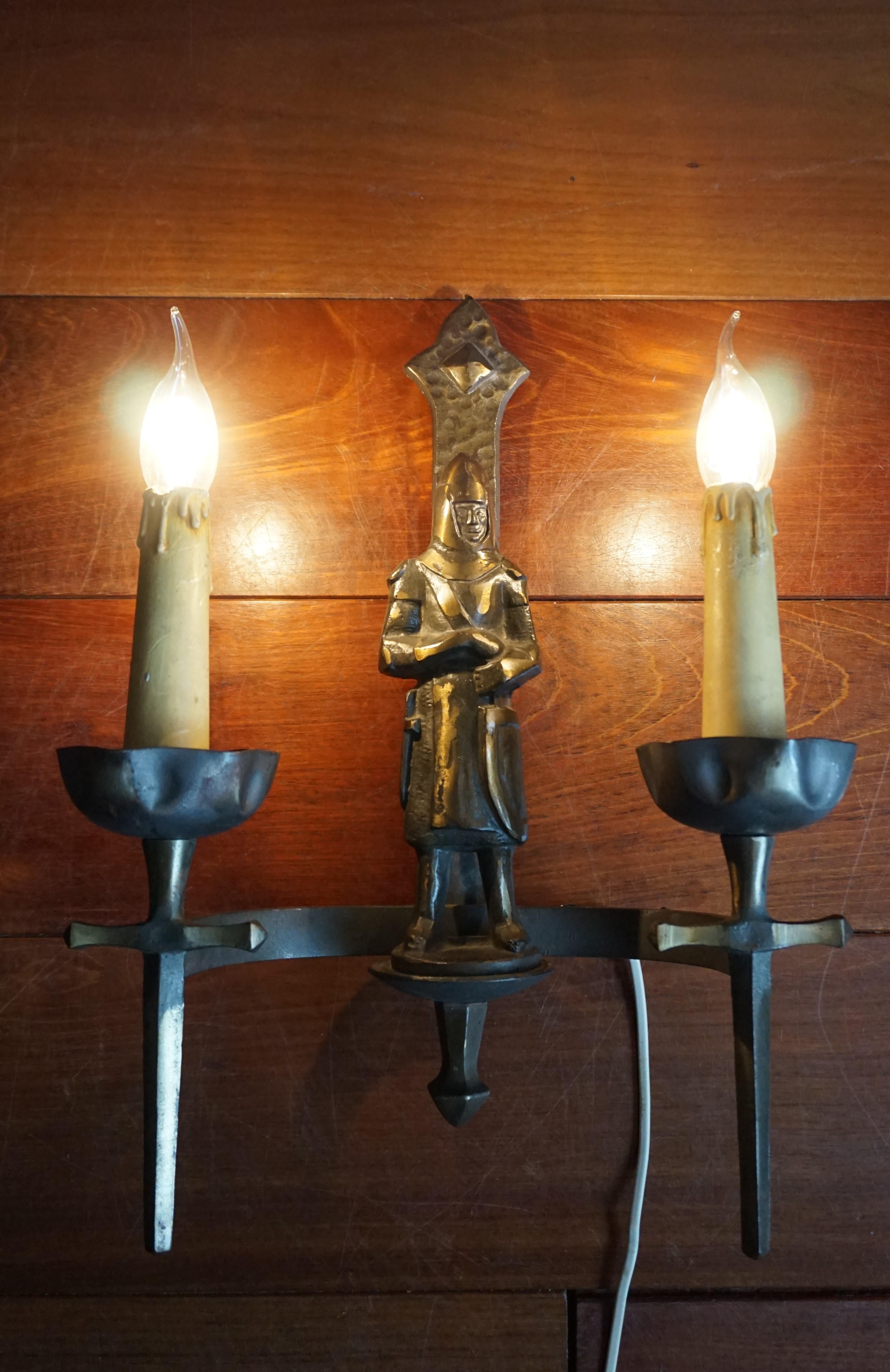Rare Pair of Two-Light Gothic Revival Bronzed Knight with Swords Wall Sconces In Good Condition In Lisse, NL