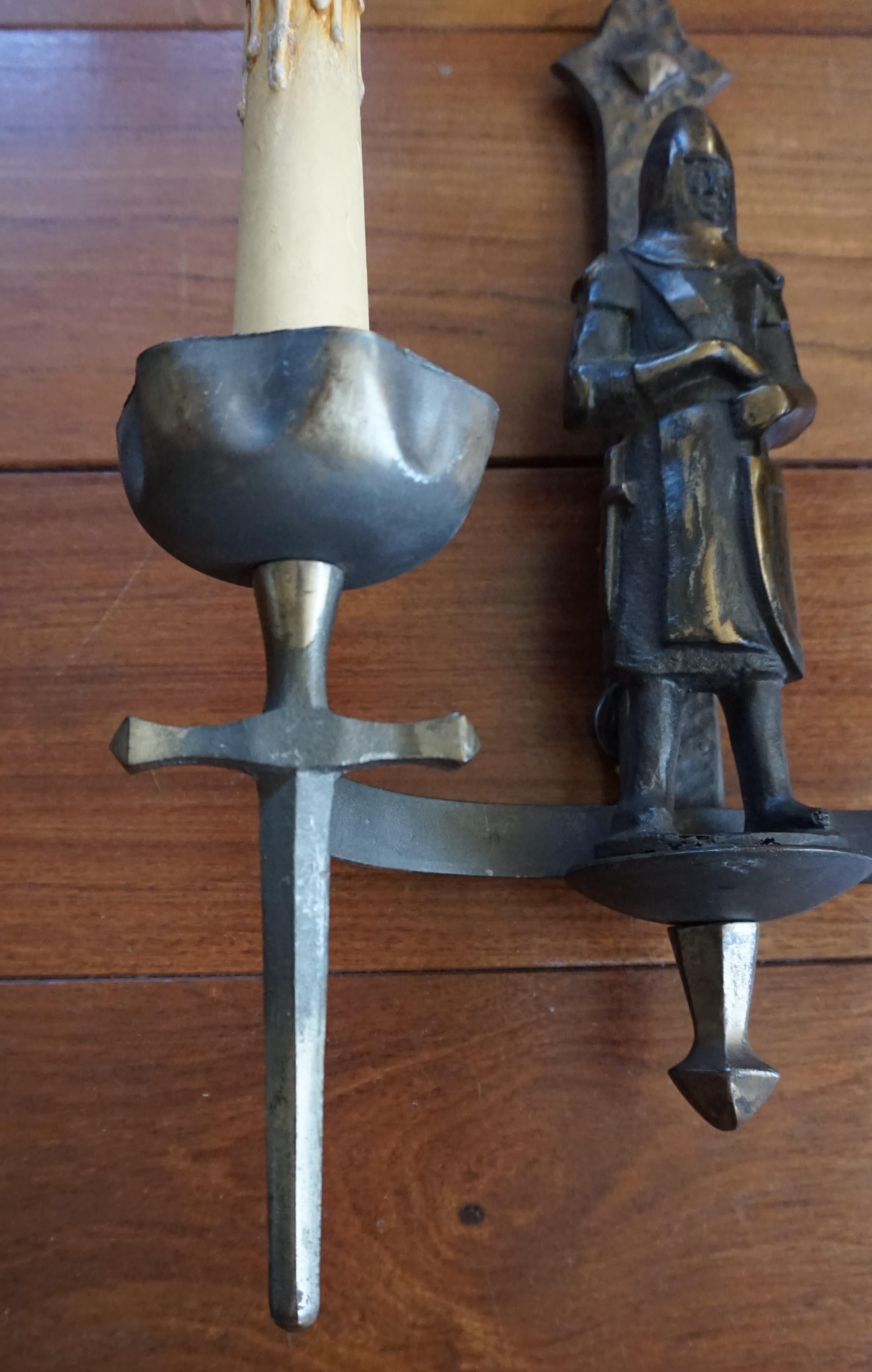 20th Century Rare Pair of Two-Light Gothic Revival Bronzed Knight with Swords Wall Sconces