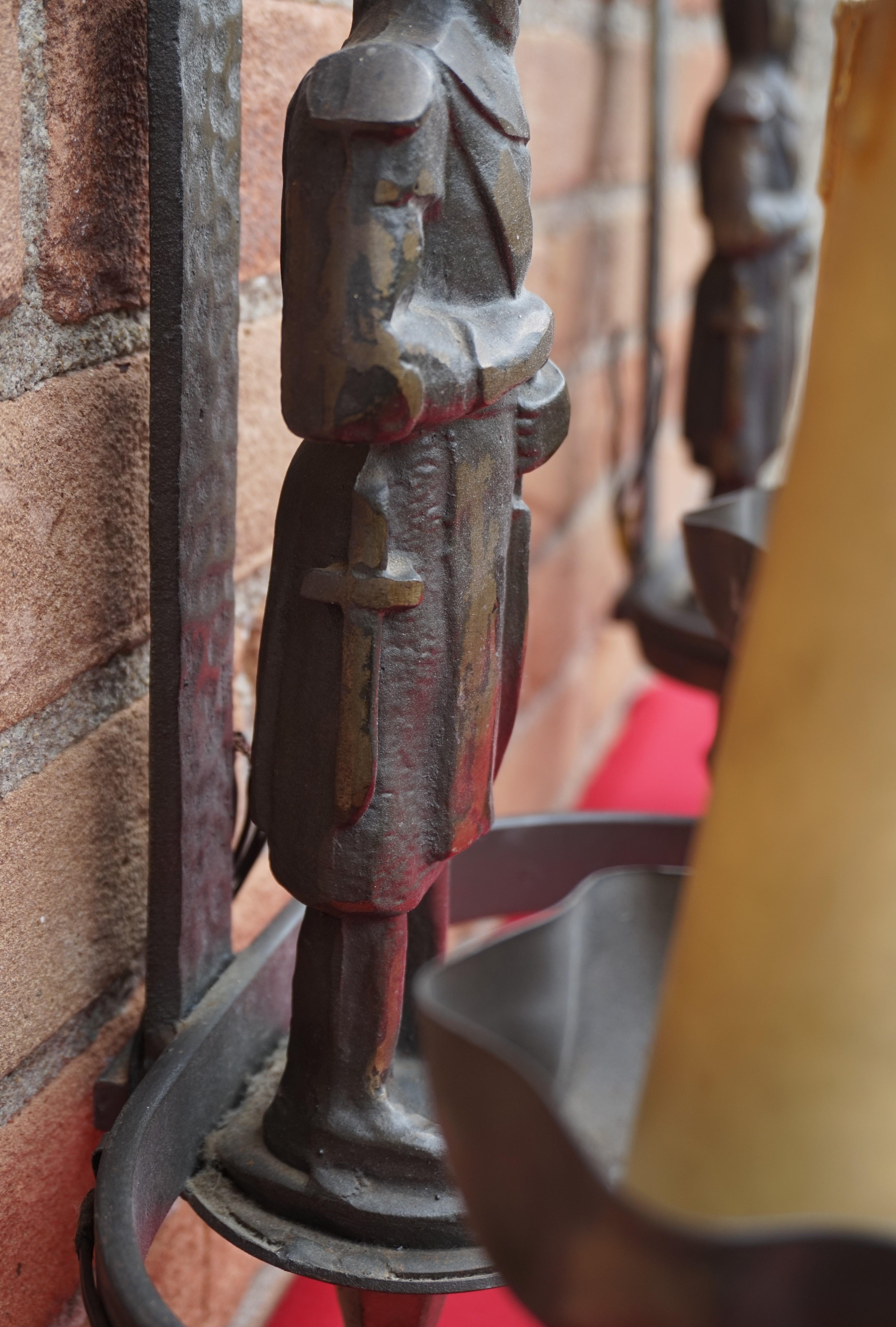Rare Pair of Two-Light Gothic Revival Bronzed Knight with Swords Wall Sconces 1