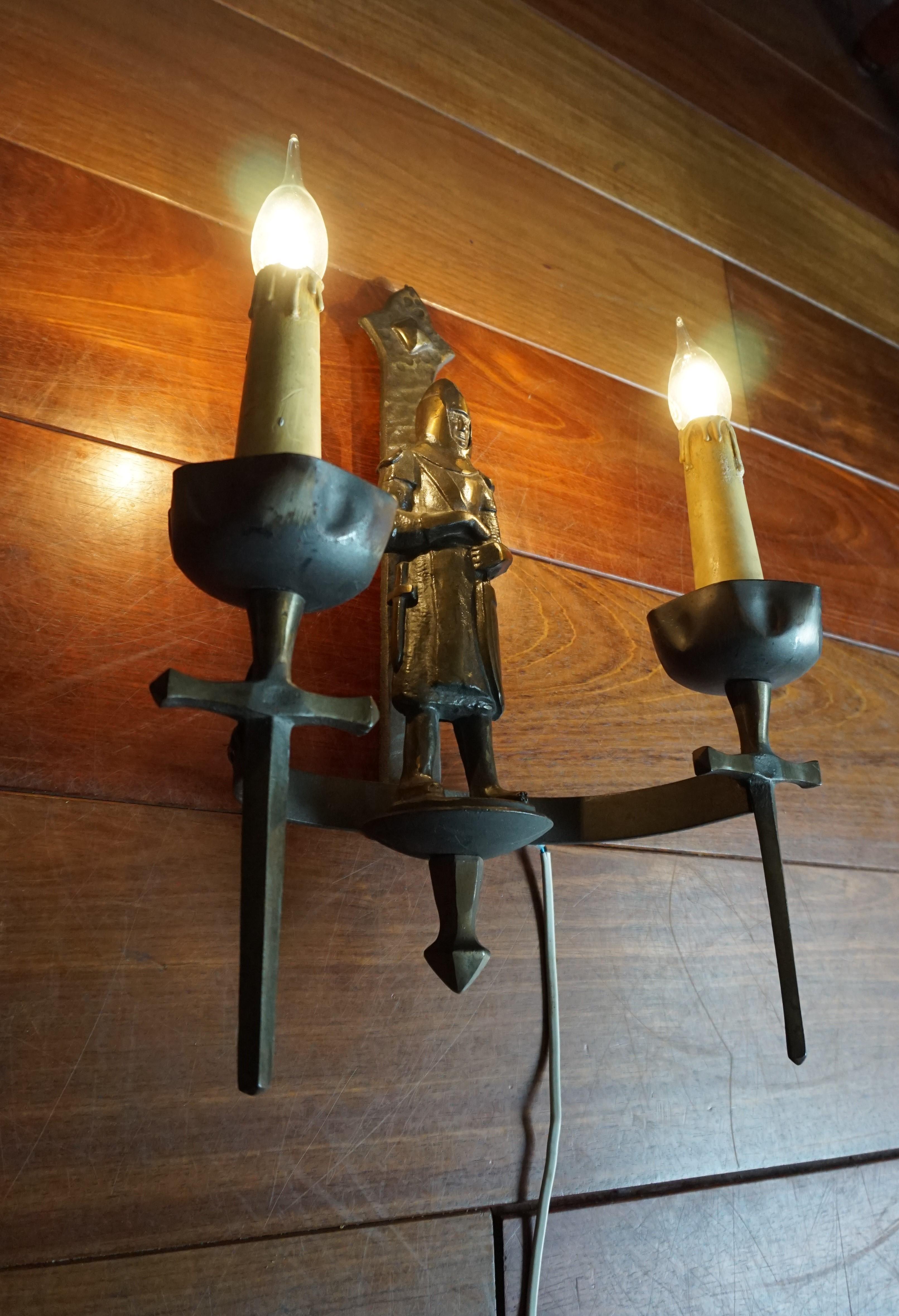 Rare Pair of Two-Light Gothic Revival Bronzed Knight with Swords Wall Sconces 2