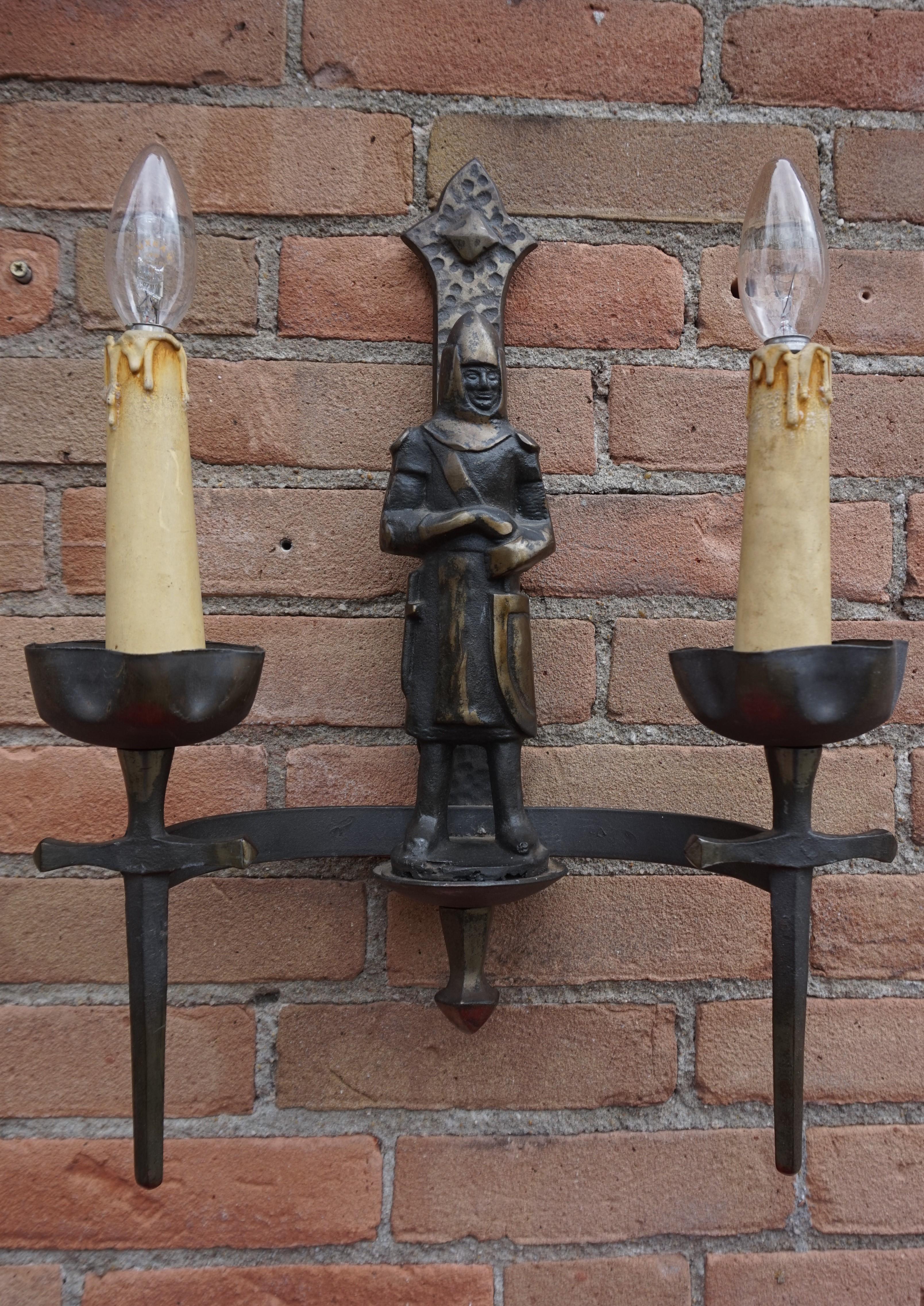 Rare Pair of Two-Light Gothic Revival Bronzed Knight with Swords Wall Sconces 3