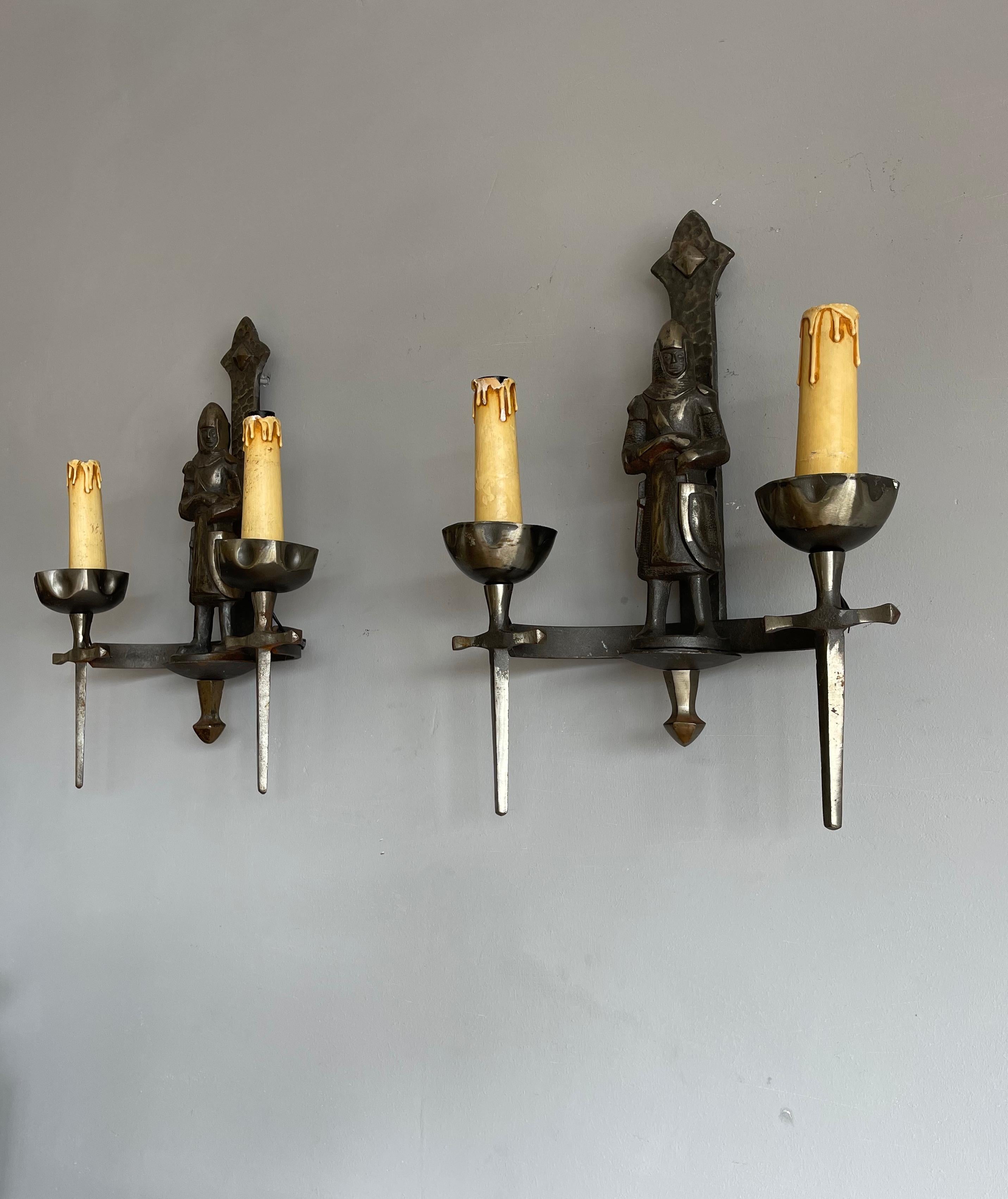 Rare Pair of Two-Light Gothic Revival Bronzed Knight with Swords Wall Sconces 6