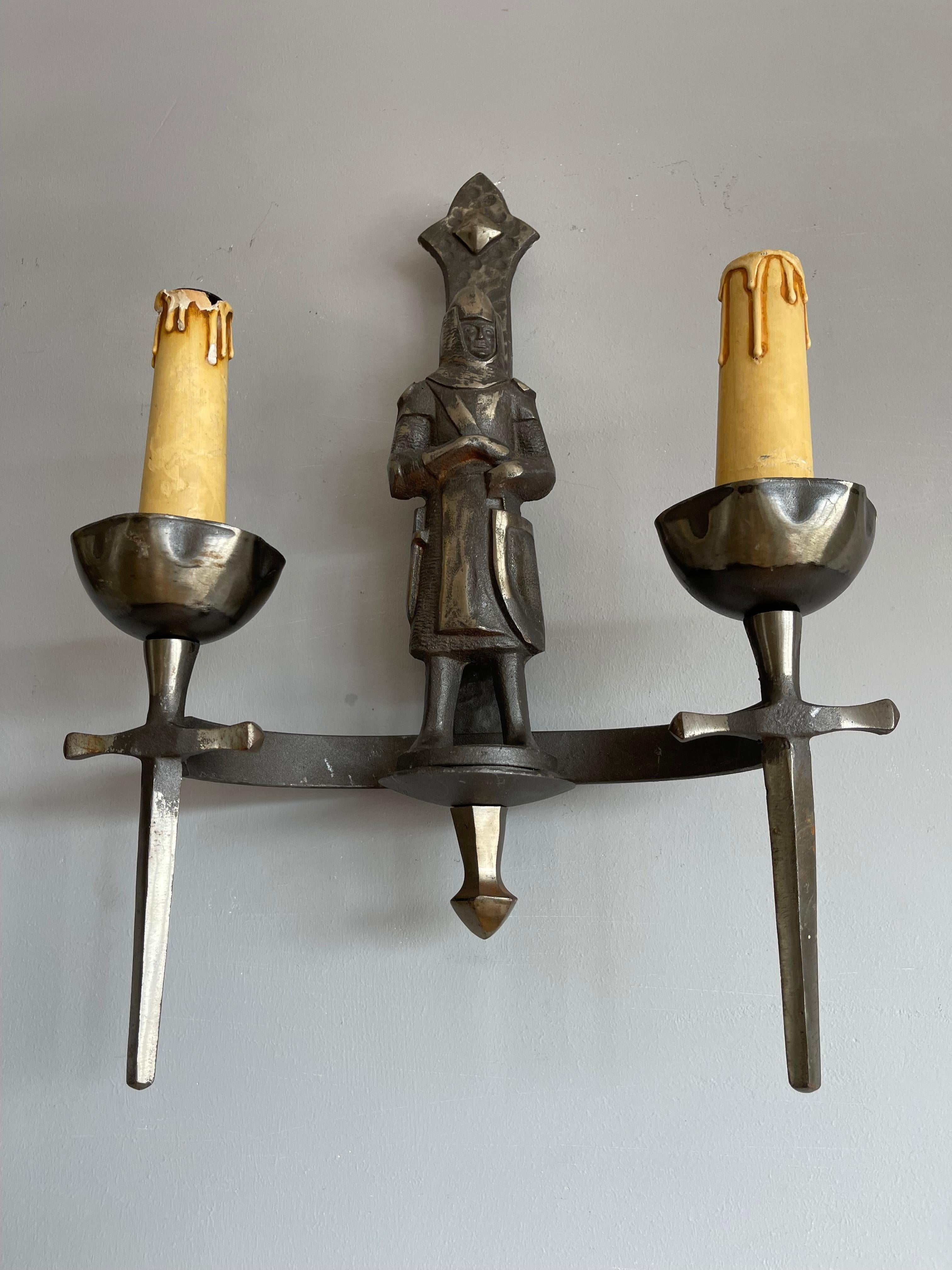 Rare Pair of Two-Light Gothic Revival Bronzed Knight with Swords Wall Sconces 8