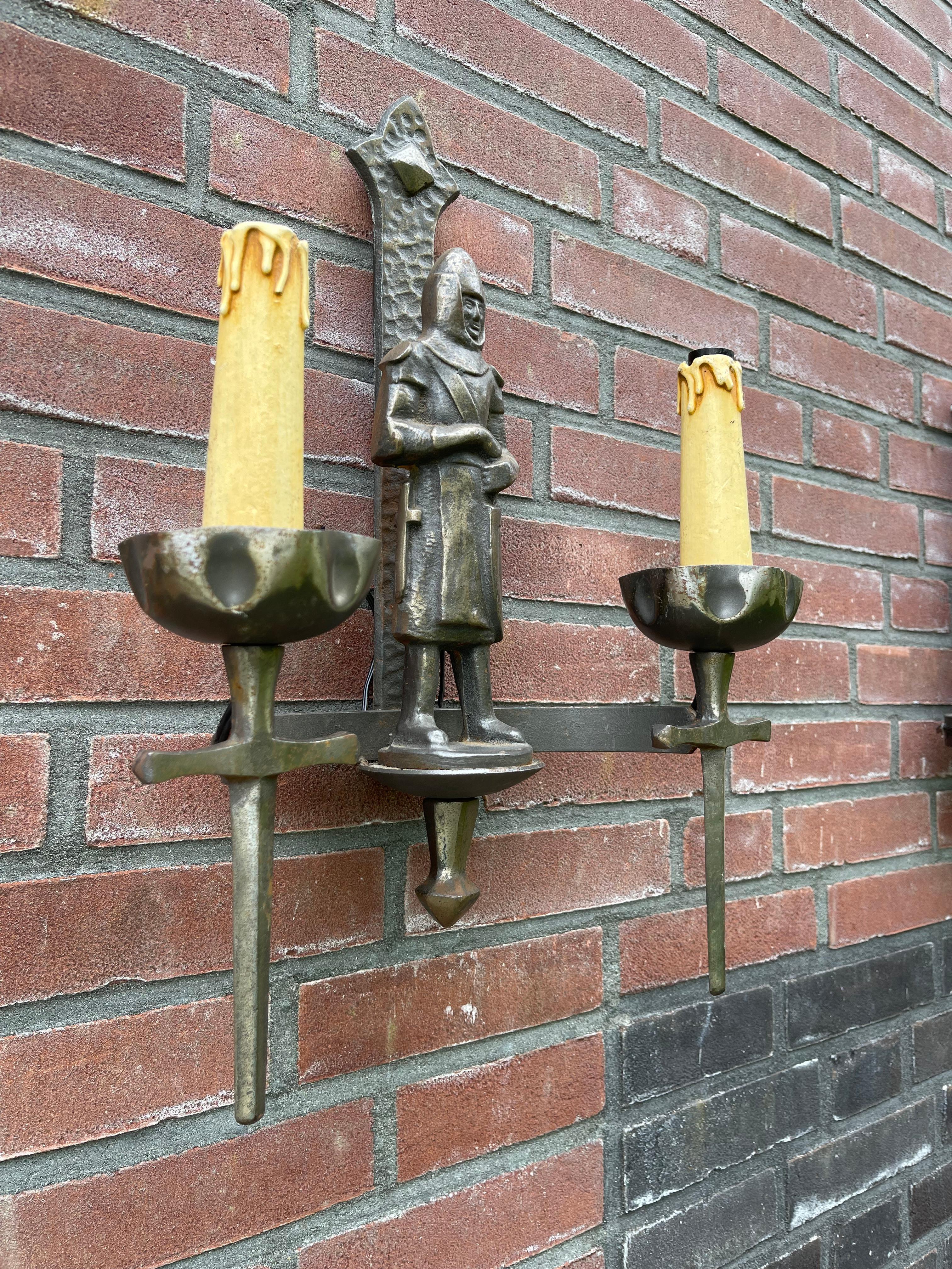 Rare Pair of Two-Light Gothic Revival Bronzed Knight with Swords Wall Sconces 9