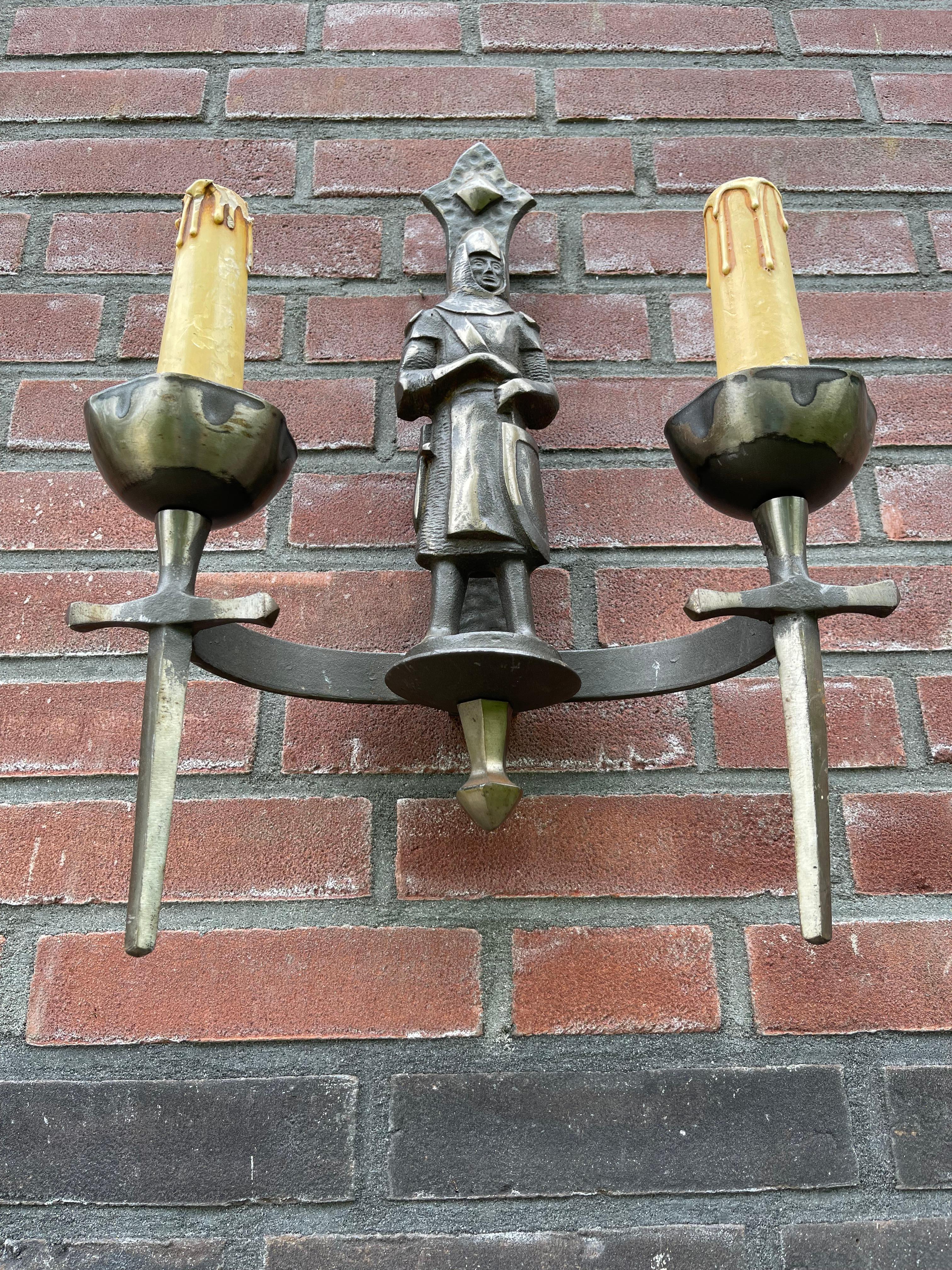 Rare Pair of Two-Light Gothic Revival Bronzed Knight with Swords Wall Sconces 11