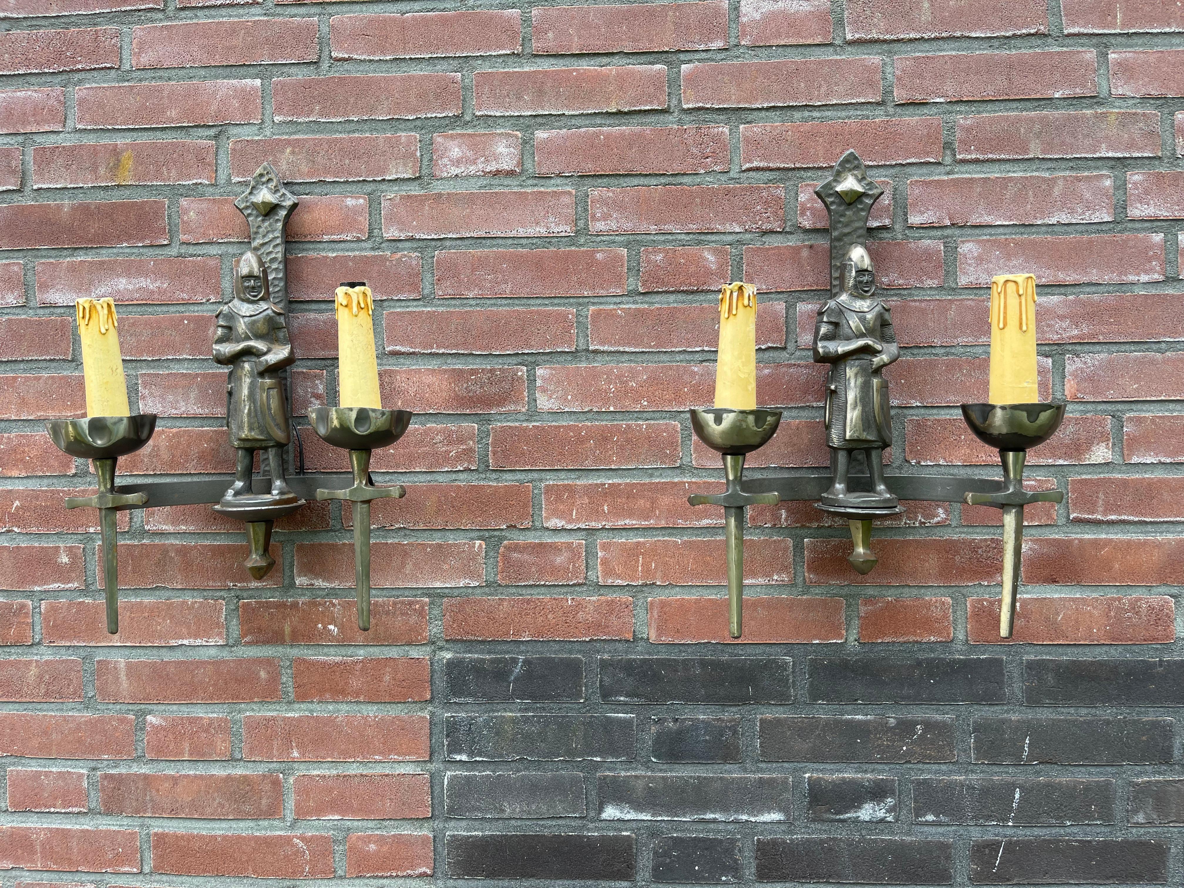 Rare Pair of Two-Light Gothic Revival Bronzed Knight with Swords Wall Sconces 12