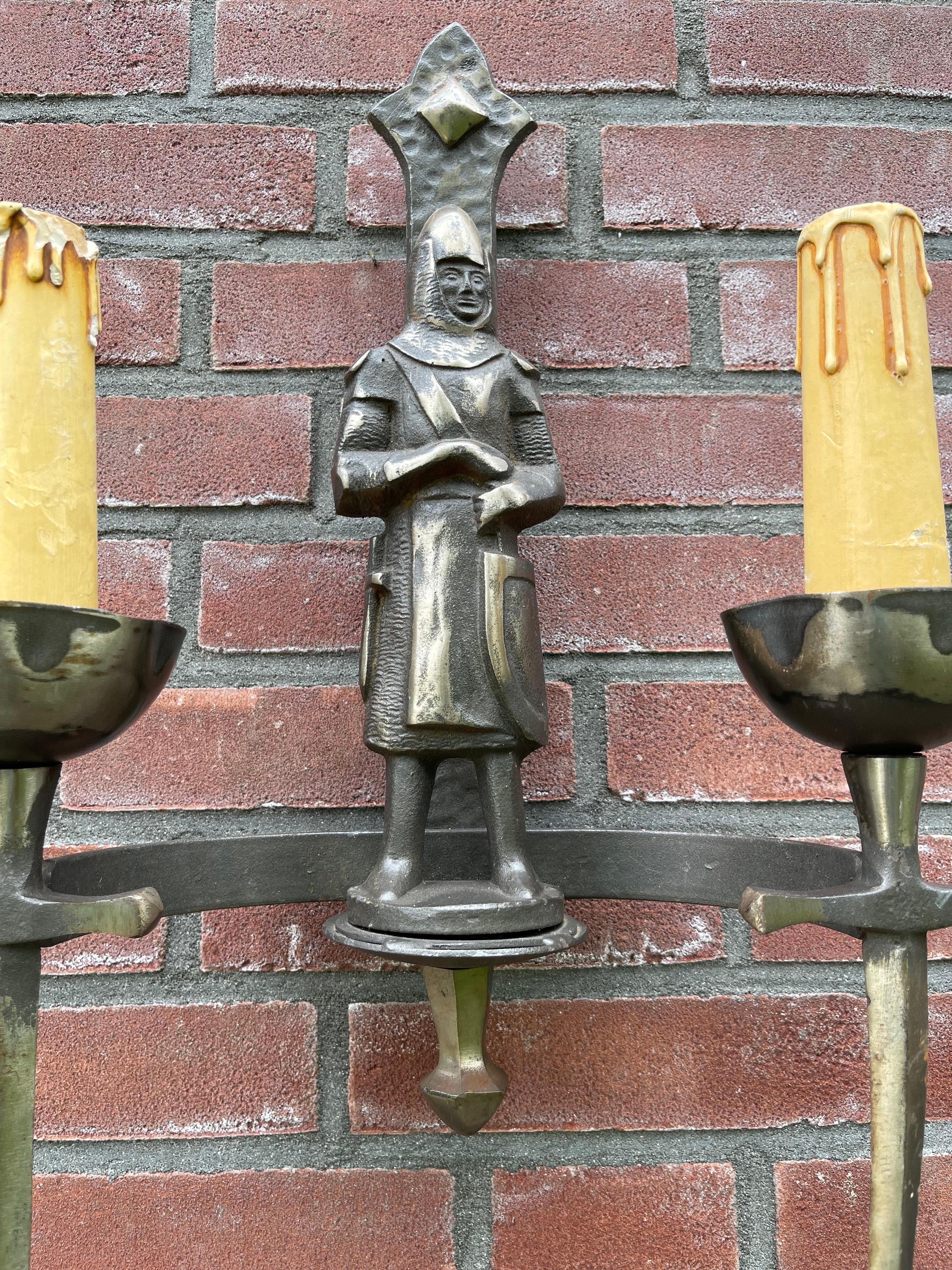 Rare Pair of Two-Light Gothic Revival Bronzed Knight with Swords Wall Sconces In Good Condition In Lisse, NL