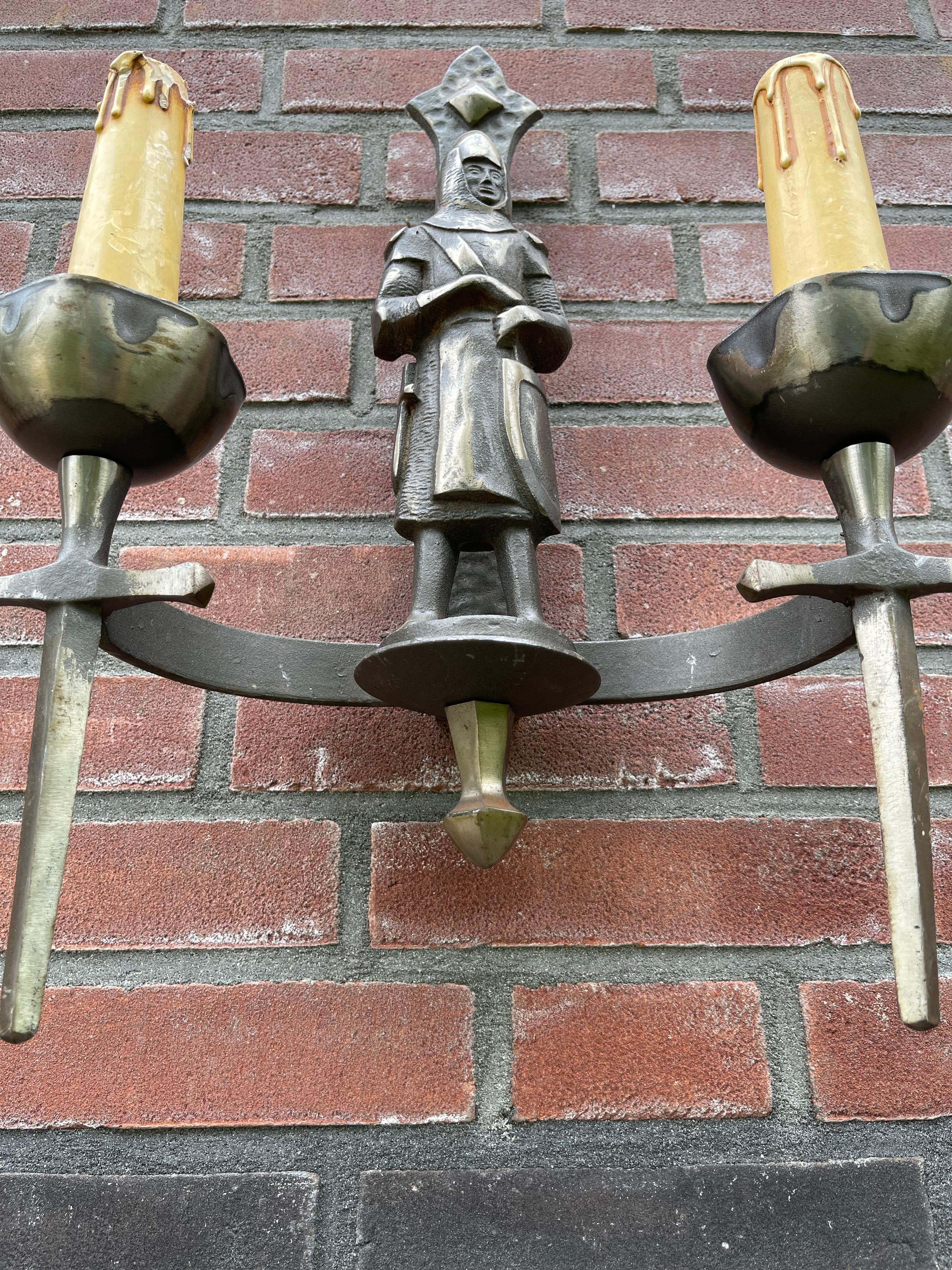 20th Century Rare Pair of Two-Light Gothic Revival Bronzed Knight with Swords Wall Sconces
