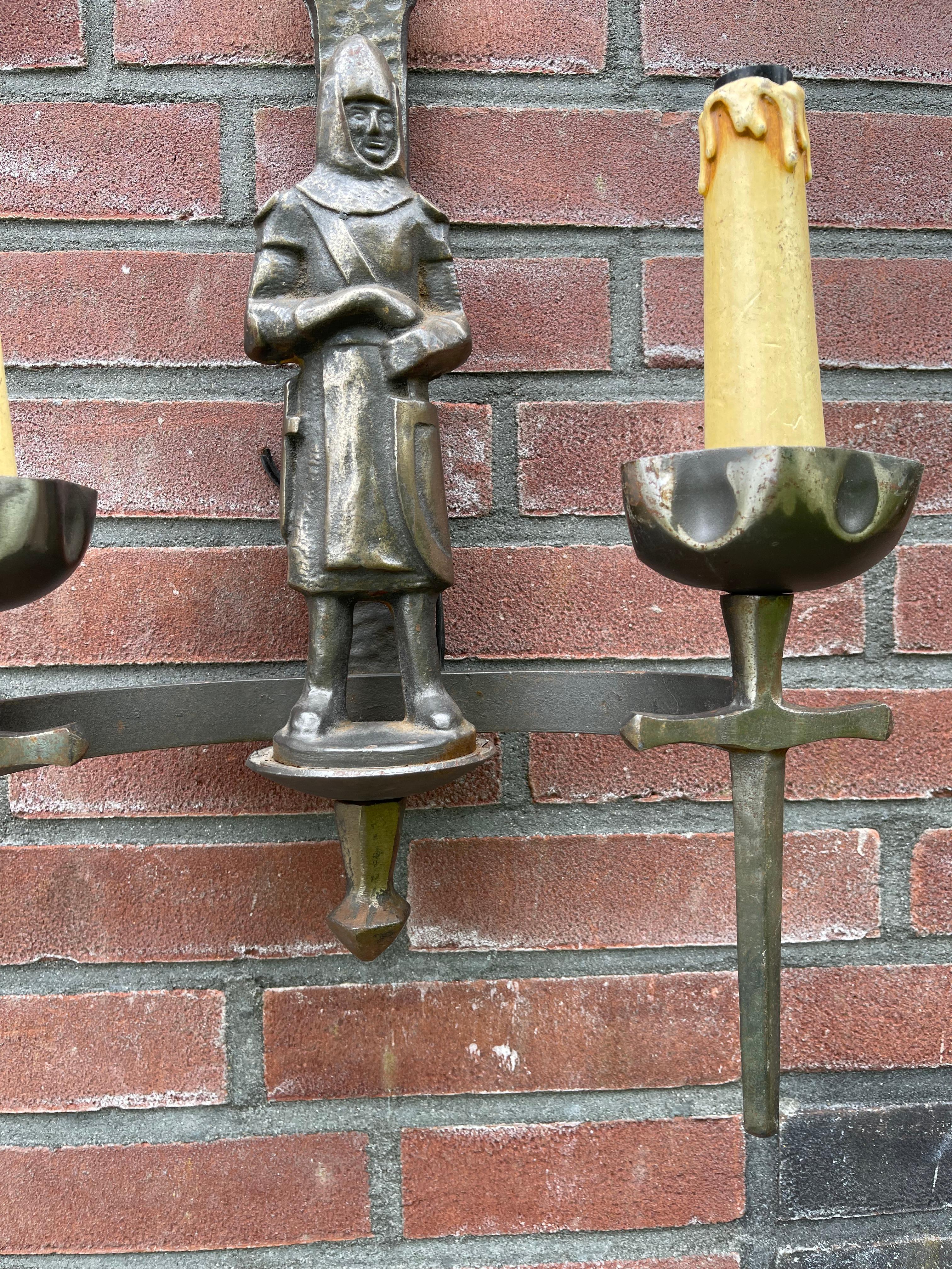 Rare Pair of Two-Light Gothic Revival Bronzed Knight with Swords Wall Sconces 1