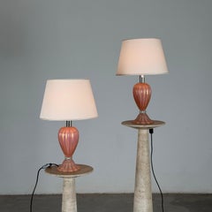 Rare Pair of Unused Barovier & Toso Pink Murano Glass Table Lamps, 1970s