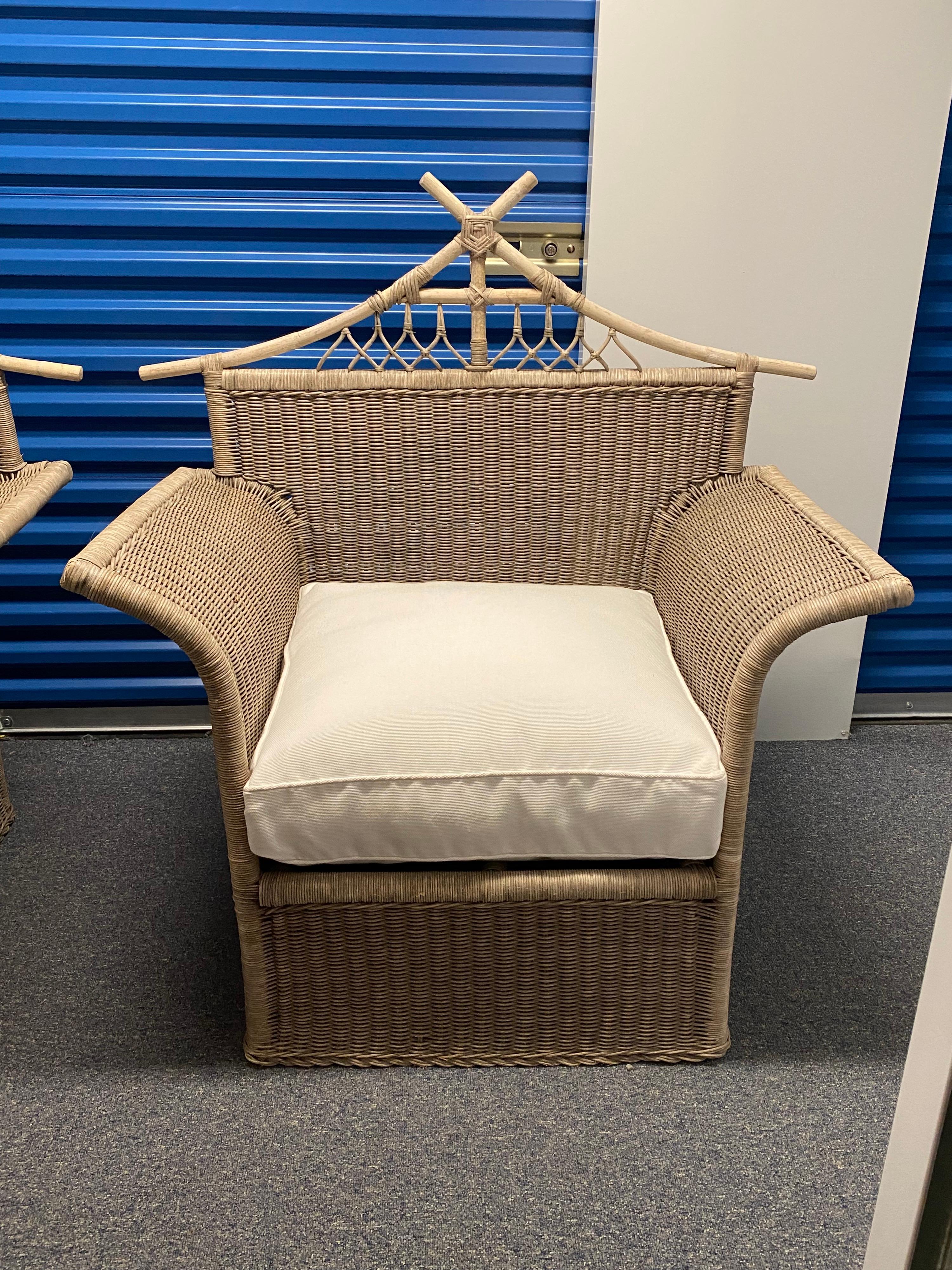 Rare pair of Valentino wicker chairs, 1970s
Very rare pair of rattan and wicker chairs made in the 70s by Valentino. Valentino created a small collection of wicker pieces in the late 70s/80s. The designs were fabulous and unexpected, as you would