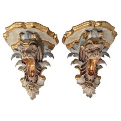 Rare Pair of Venetian Carved Maskaron Wall Consoles with Lion Heads