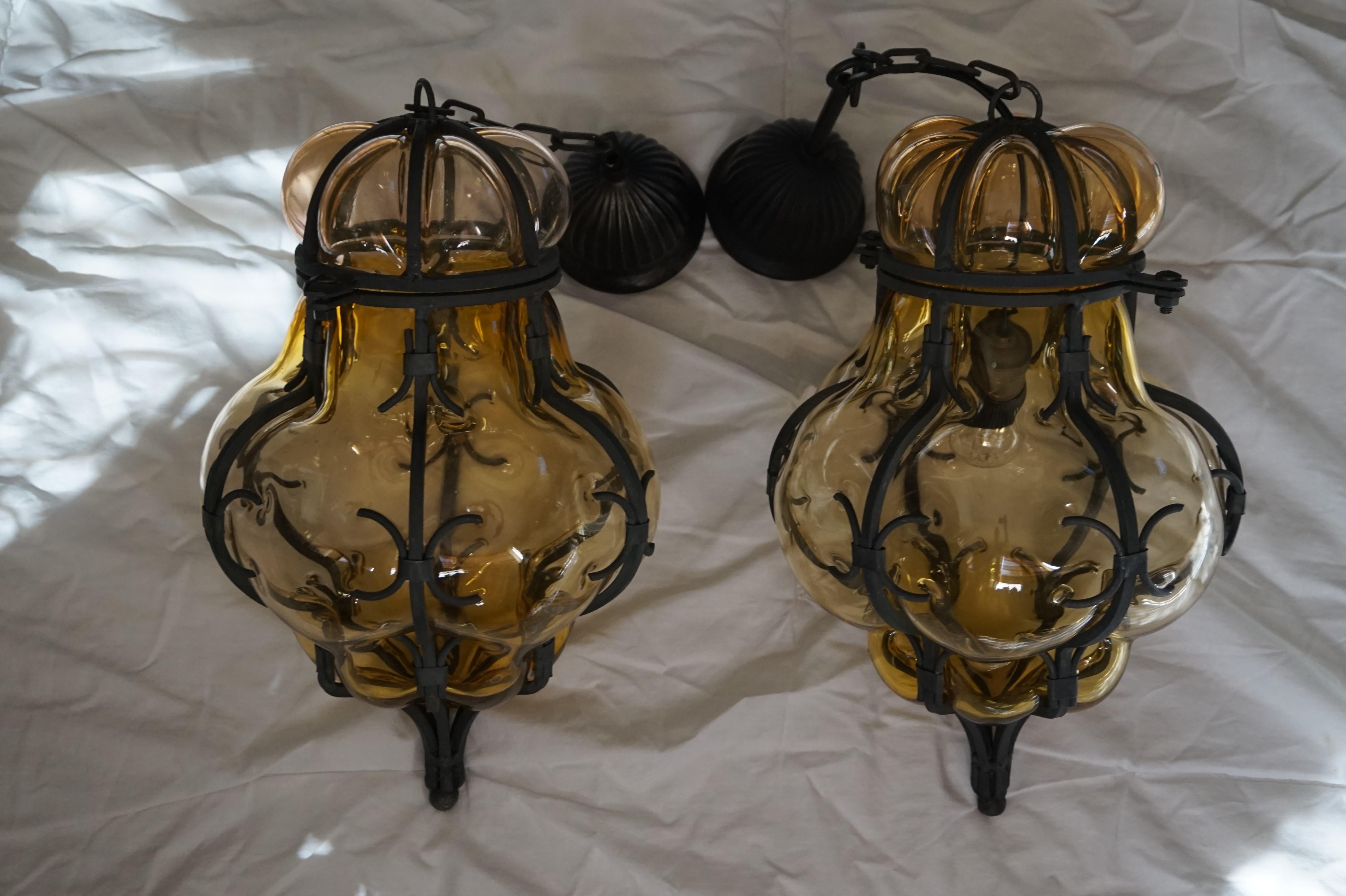 Hand-Crafted Rare Pair of Venetian Mouth Blown Amber Glass in Wrought Iron Frame Pendants