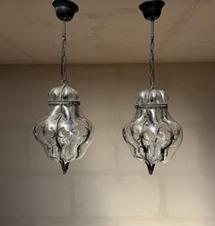 Rare Pair of Venetian Mouth Blown Clear Glass in Wrought Iron Frame Pendants
