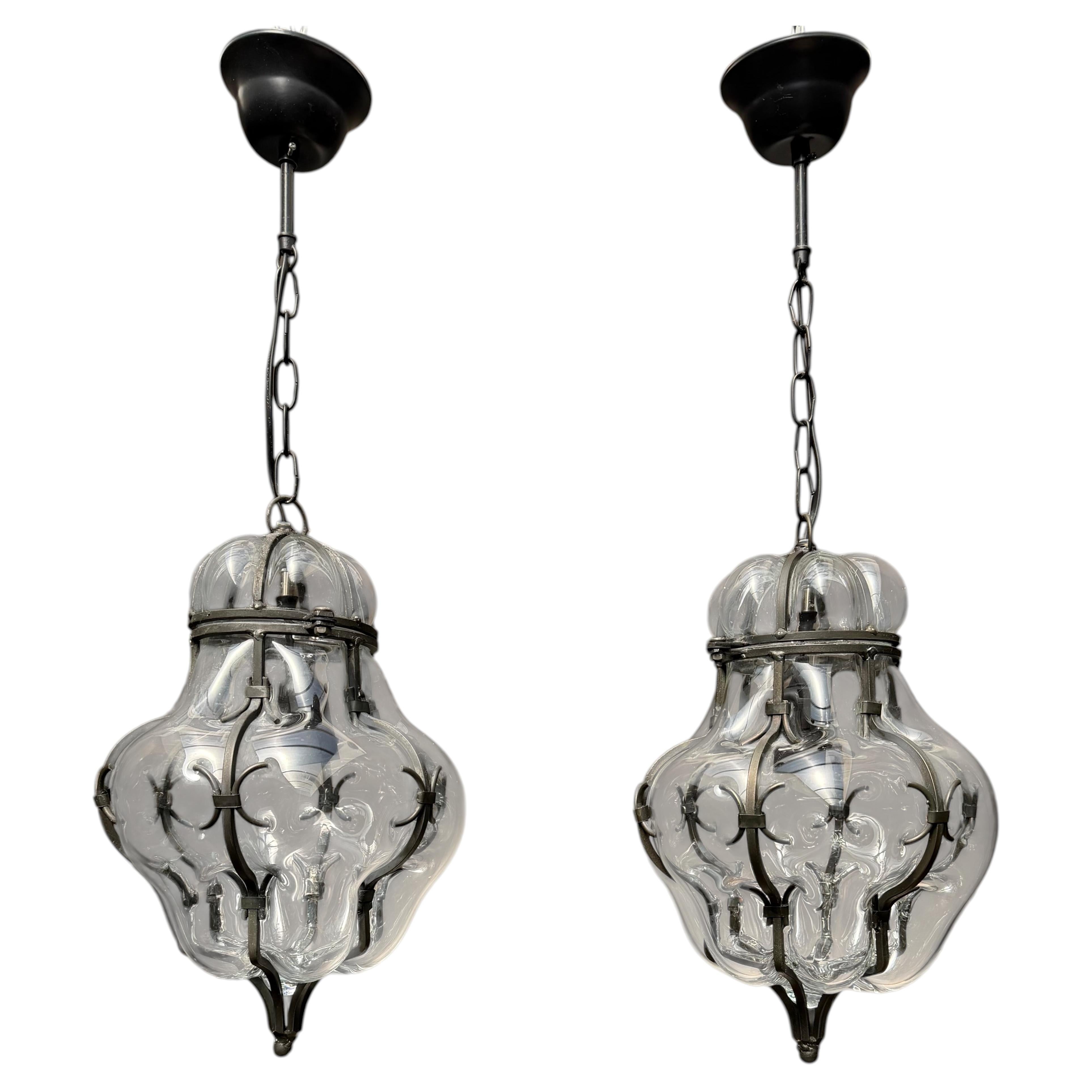Rare Pair of Venetian Mouth Blown Clear Glass in Wrought Iron Frame Pendants