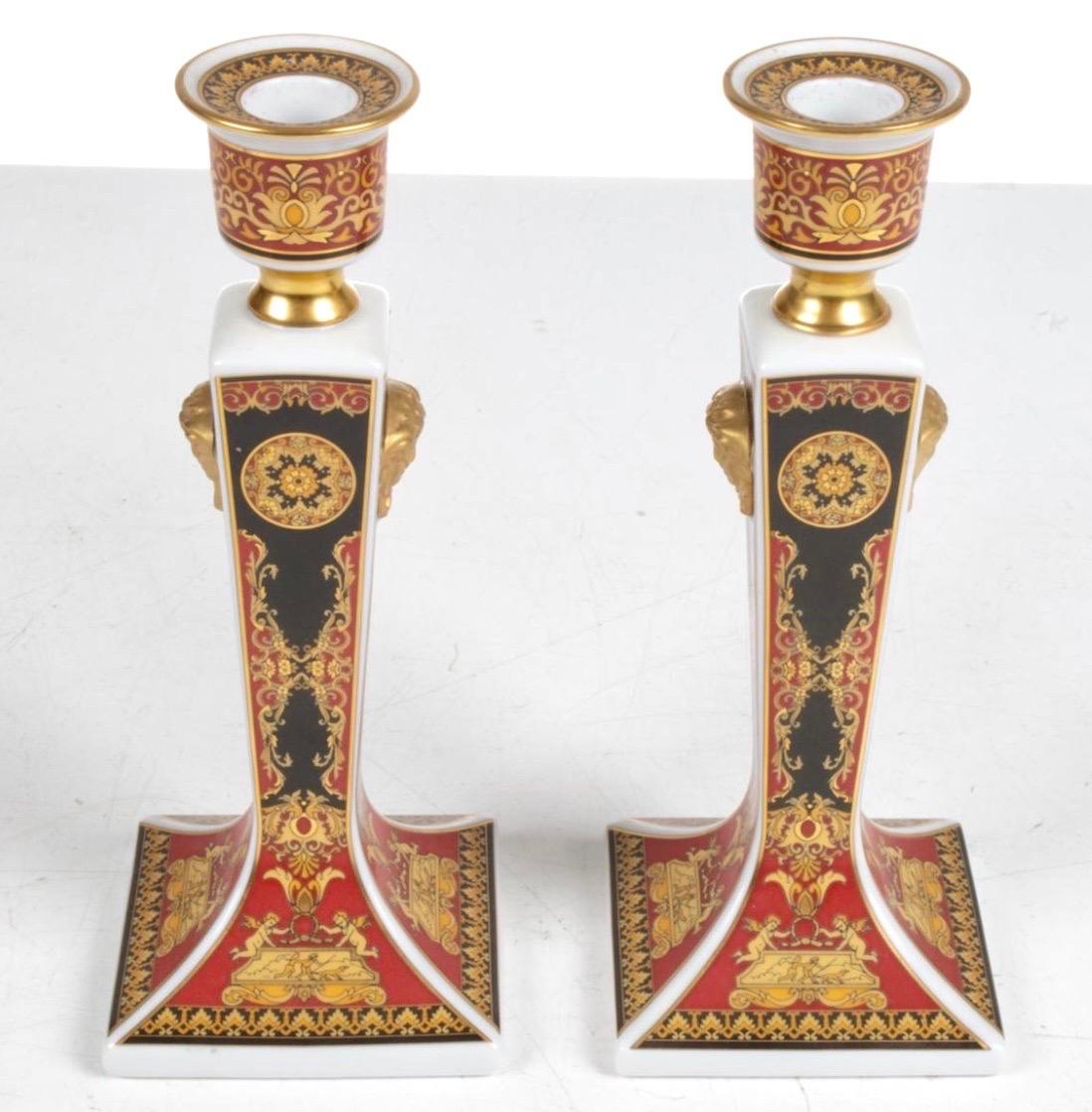 Rare Pair of Versace Prestige Gala Rosenthal Medusa Candlesticks Candleholders In Good Condition In West Hartford, CT