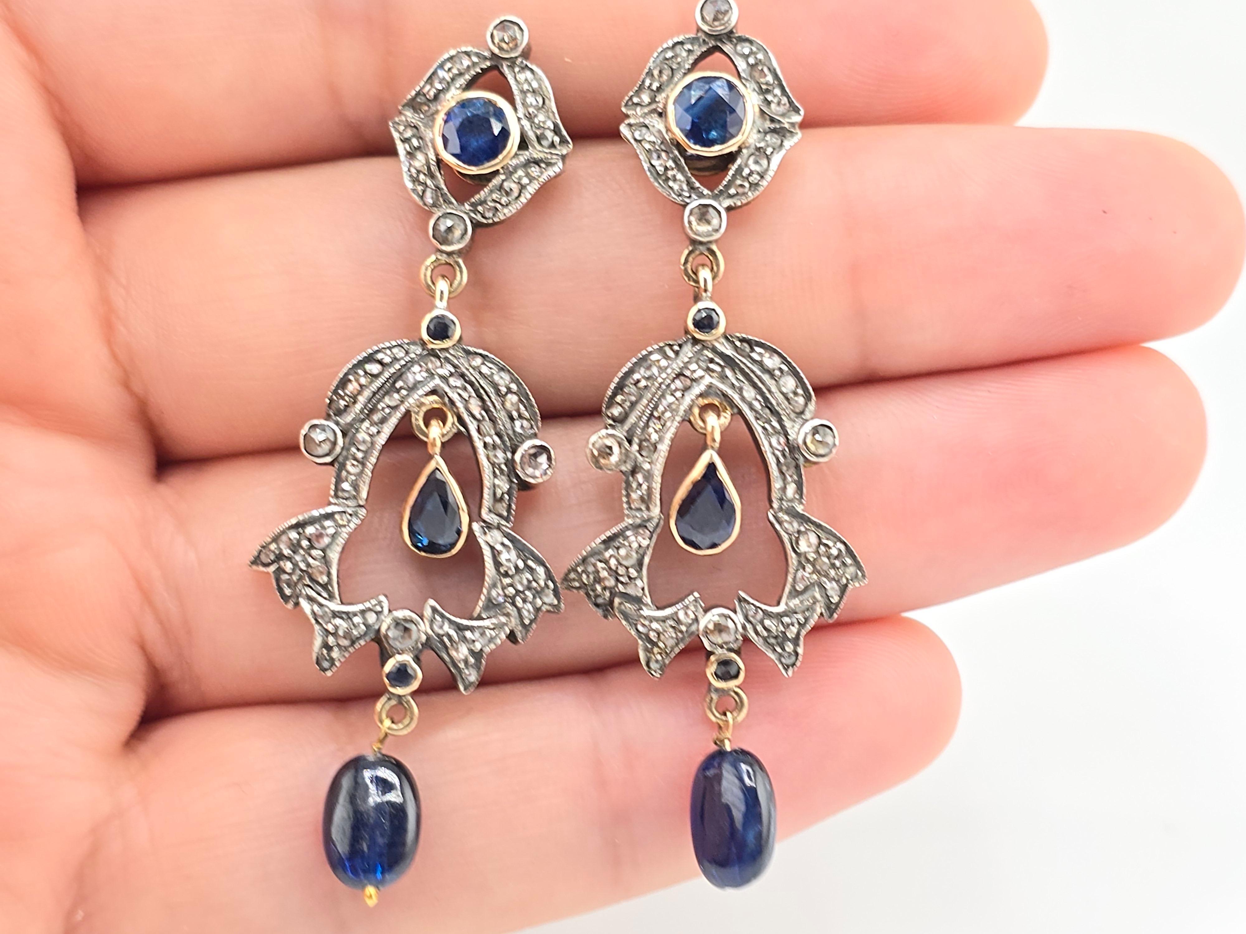 Late Victorian Rare Pair Of Victorian Diamond & Sapphire Earrings 14K & Sterling For Sale