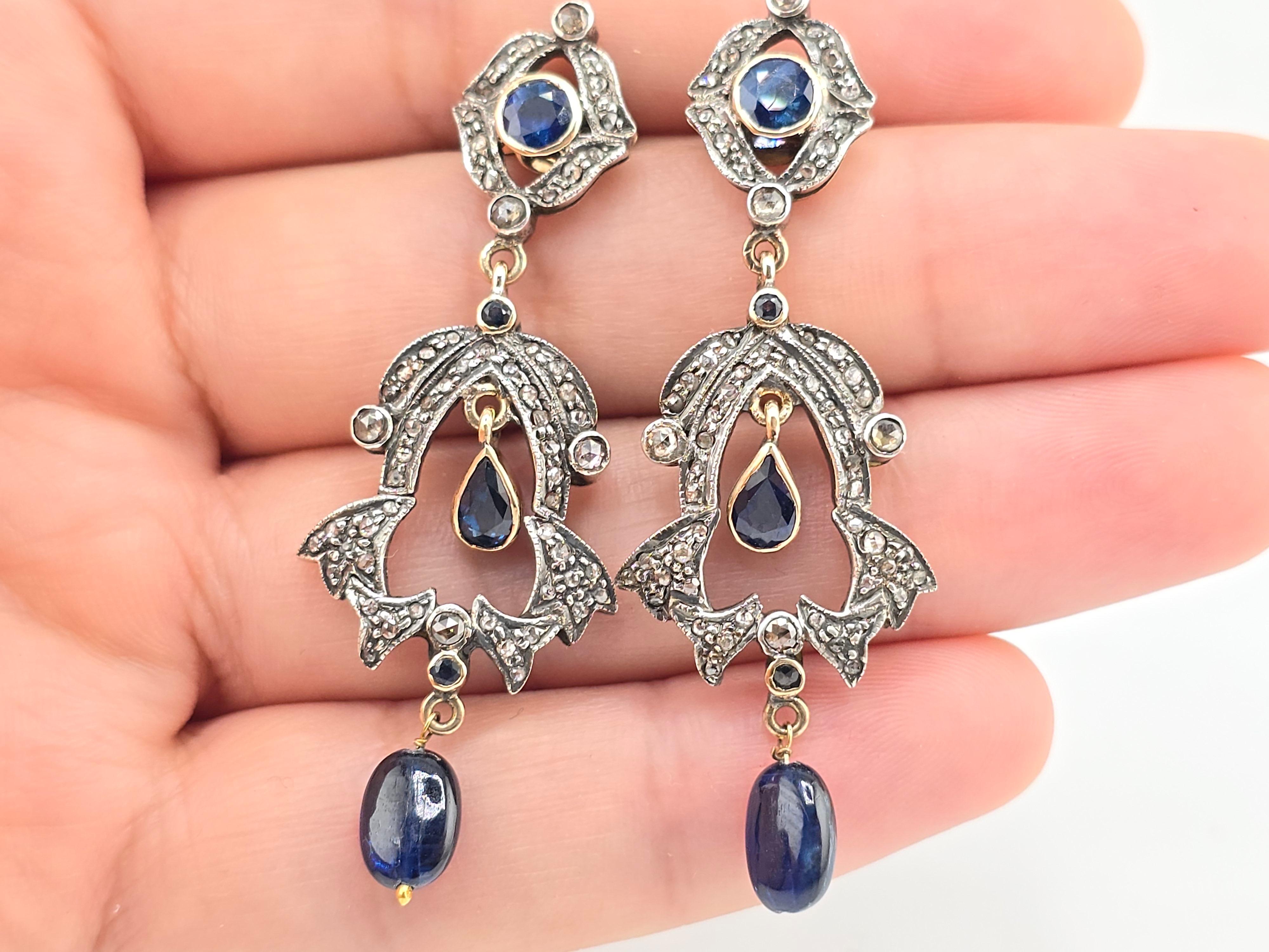 Round Cut Rare Pair Of Victorian Diamond & Sapphire Earrings 14K & Sterling For Sale