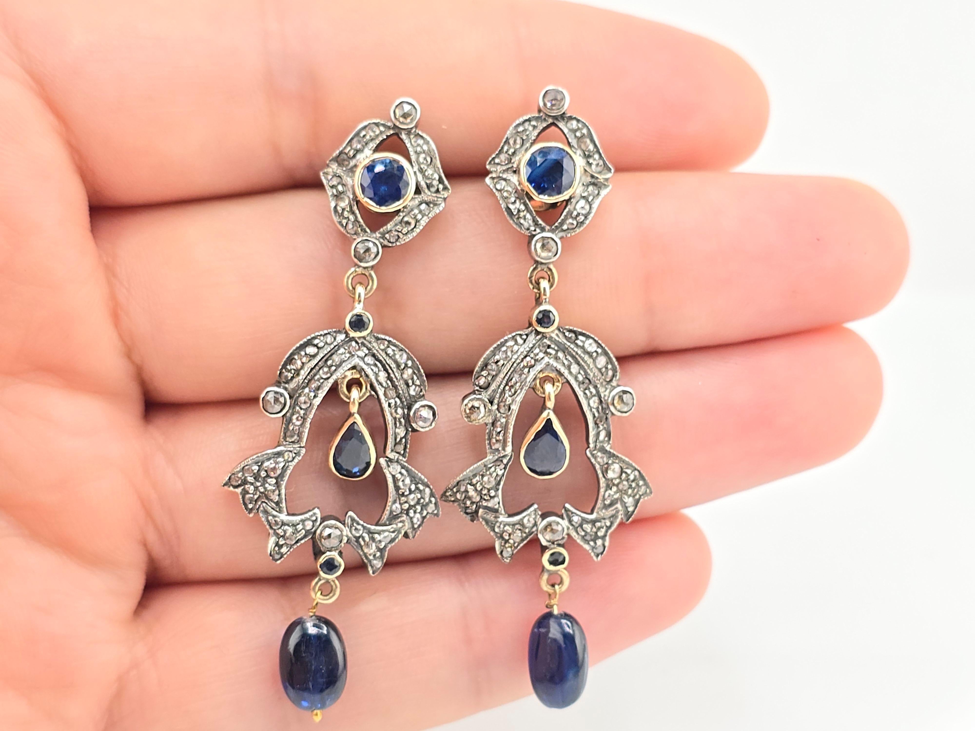 Rare Pair Of Victorian Diamond & Sapphire Earrings 14K & Sterling In Good Condition For Sale In Media, PA