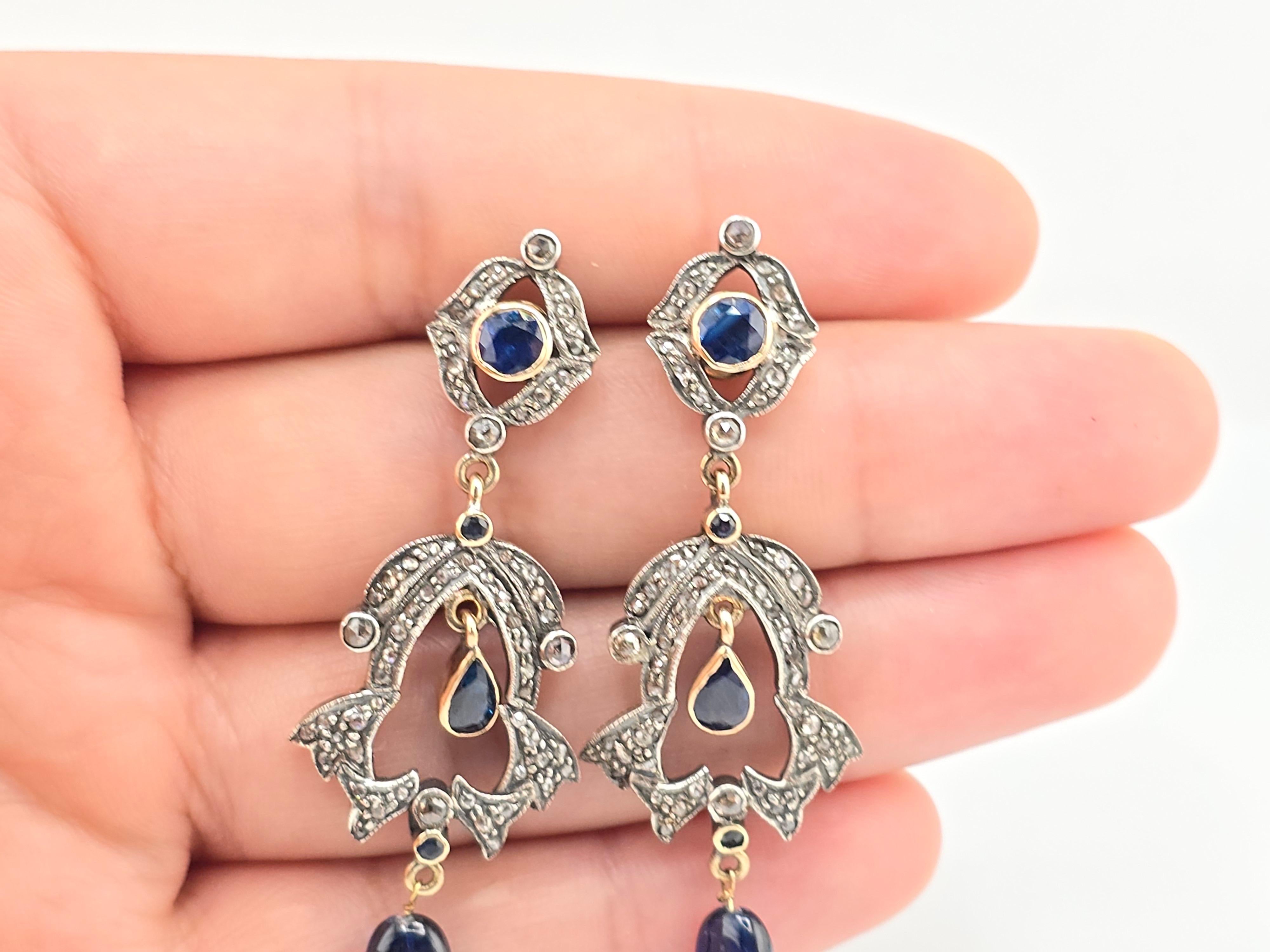 Women's or Men's Rare Pair Of Victorian Diamond & Sapphire Earrings 14K & Sterling For Sale
