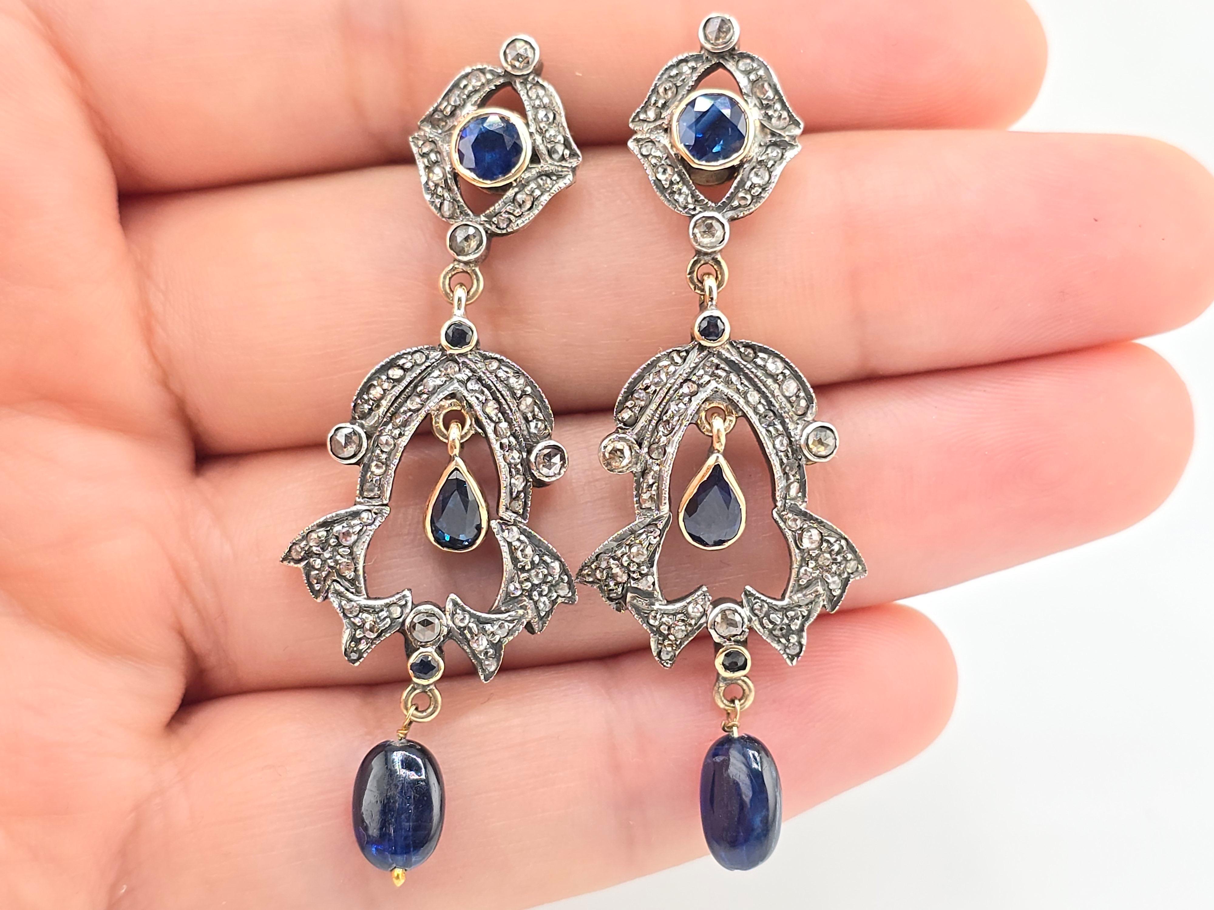 Rare Pair Of Victorian Diamond & Sapphire Earrings 14K & Sterling For Sale 1