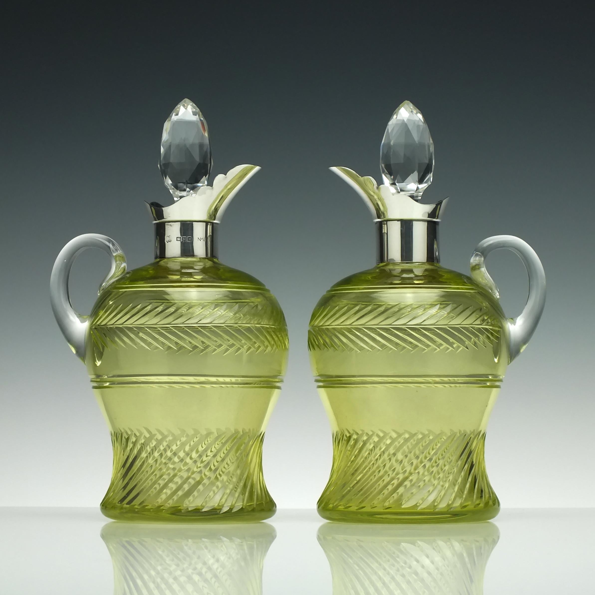 European Rare Pair of Victorian Silver Top Vaseline Glass Claret Jugs, circa 1905 For Sale