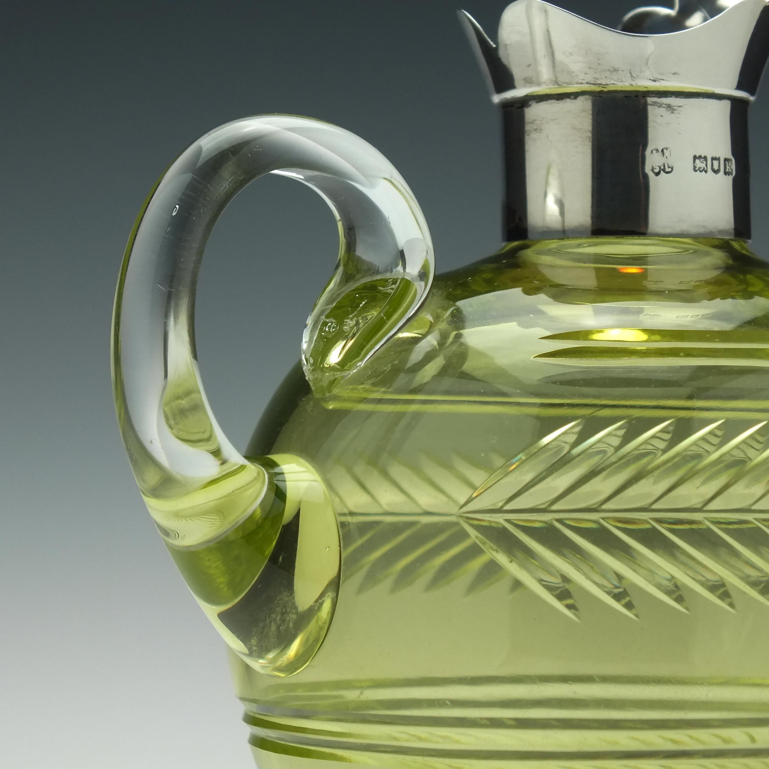 Rare Pair of Victorian Silver Top Vaseline Glass Claret Jugs, circa 1905 For Sale 1