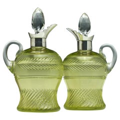 Rare Pair of Victorian Silver Top Vaseline Glass Claret Jugs, circa 1905