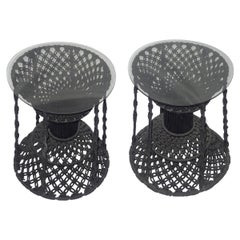 Rare Pair of Vintage 1960s Black Macrame Side Tables with Glass Tops