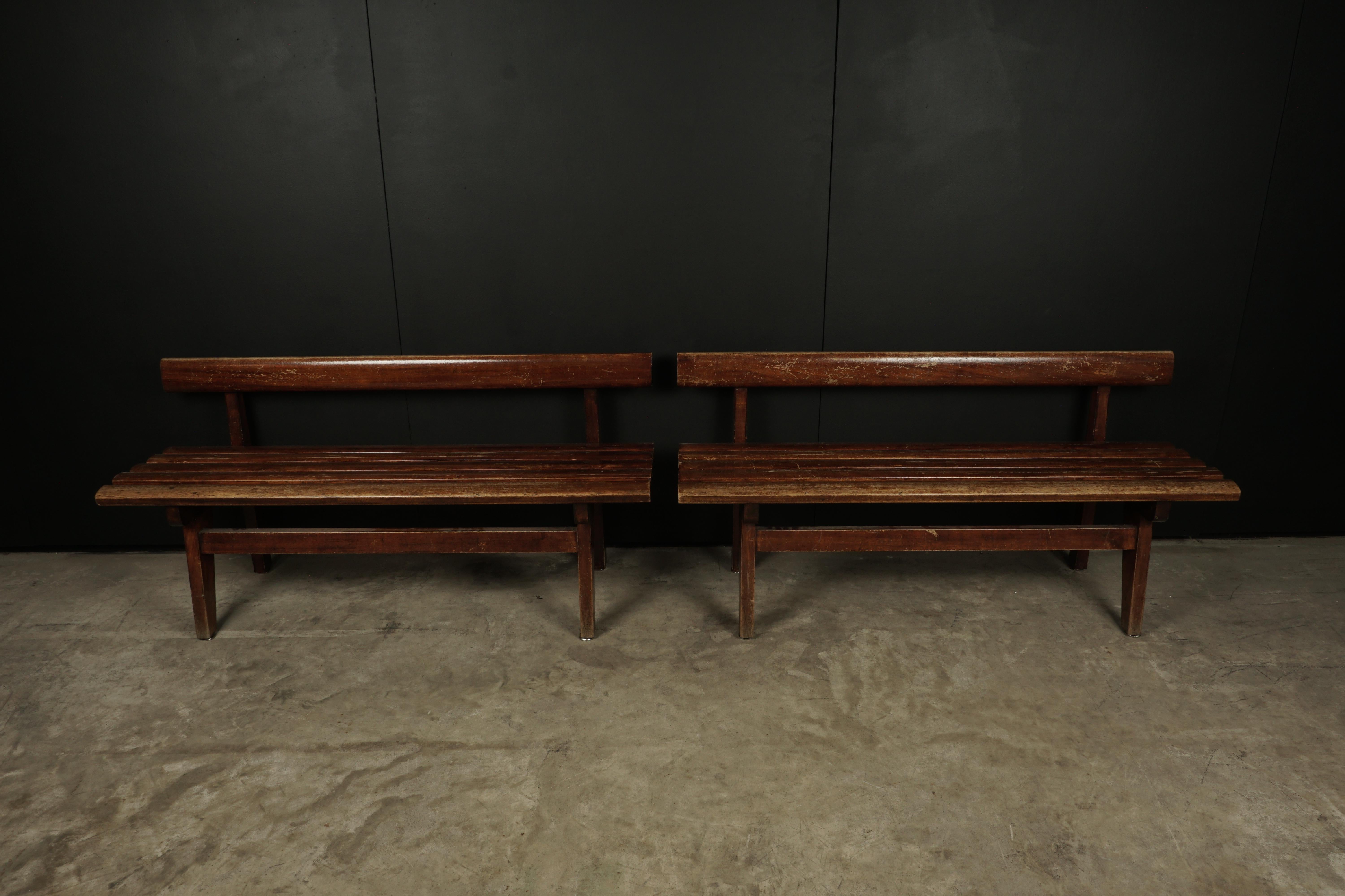 Rare pair of vintage benches from France, 1950s. Presumably from a train station. Nice light wear and patina.